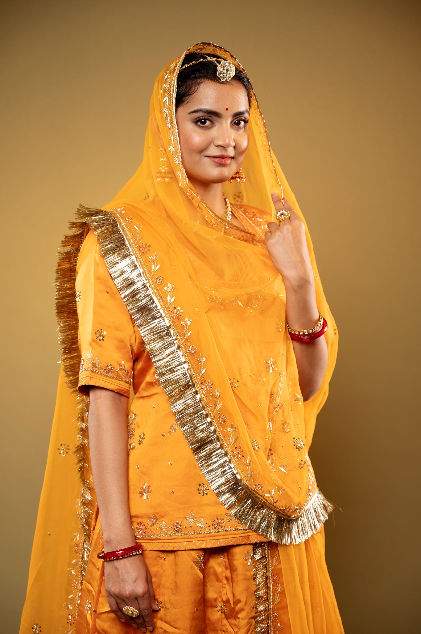 yellow bamber satin zardozi handwork rajputi Poshak with Pure odhna