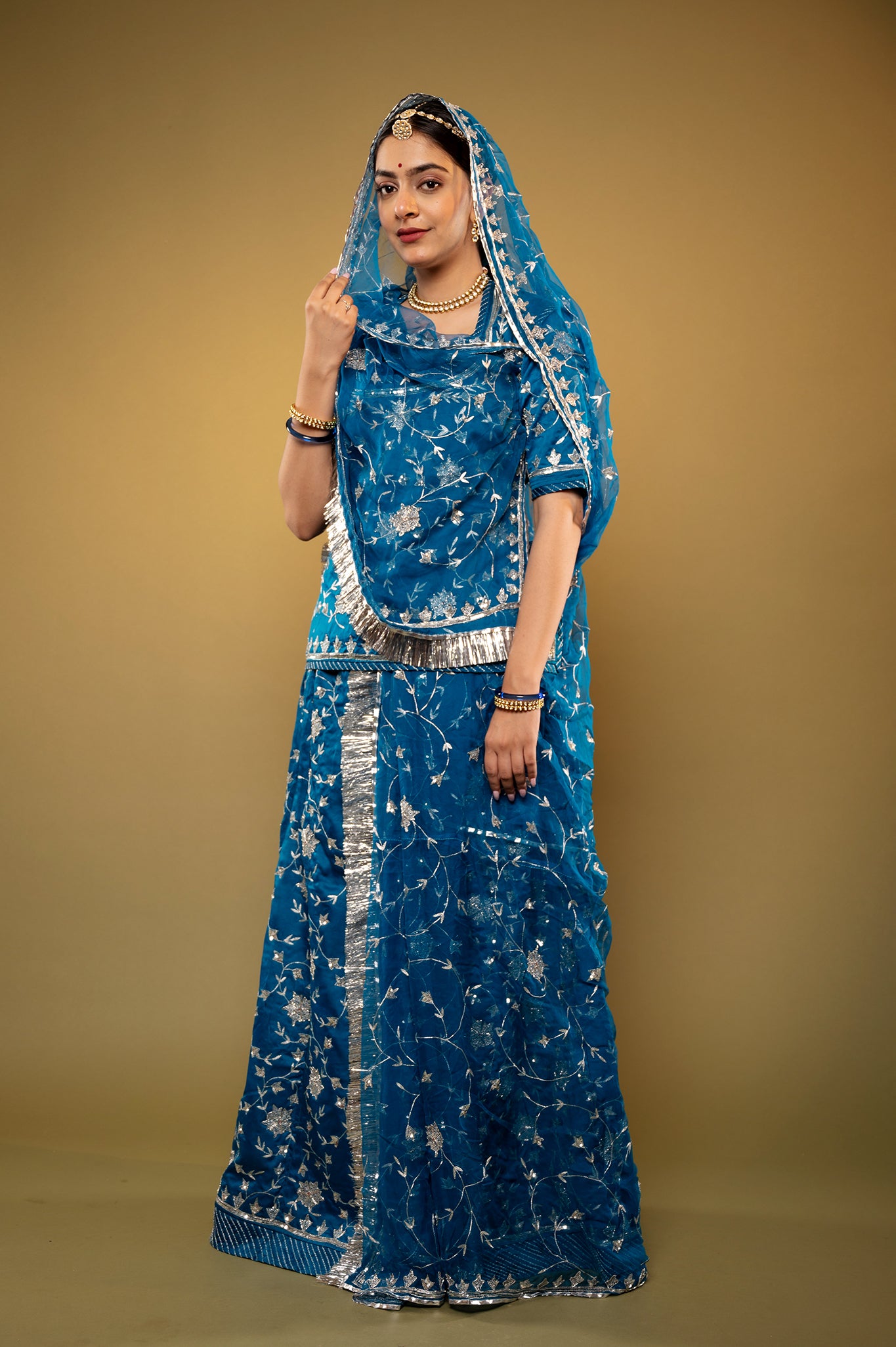 blue bamber satin aari sequins zardozi handwork rajputi Poshak with Pure odhna