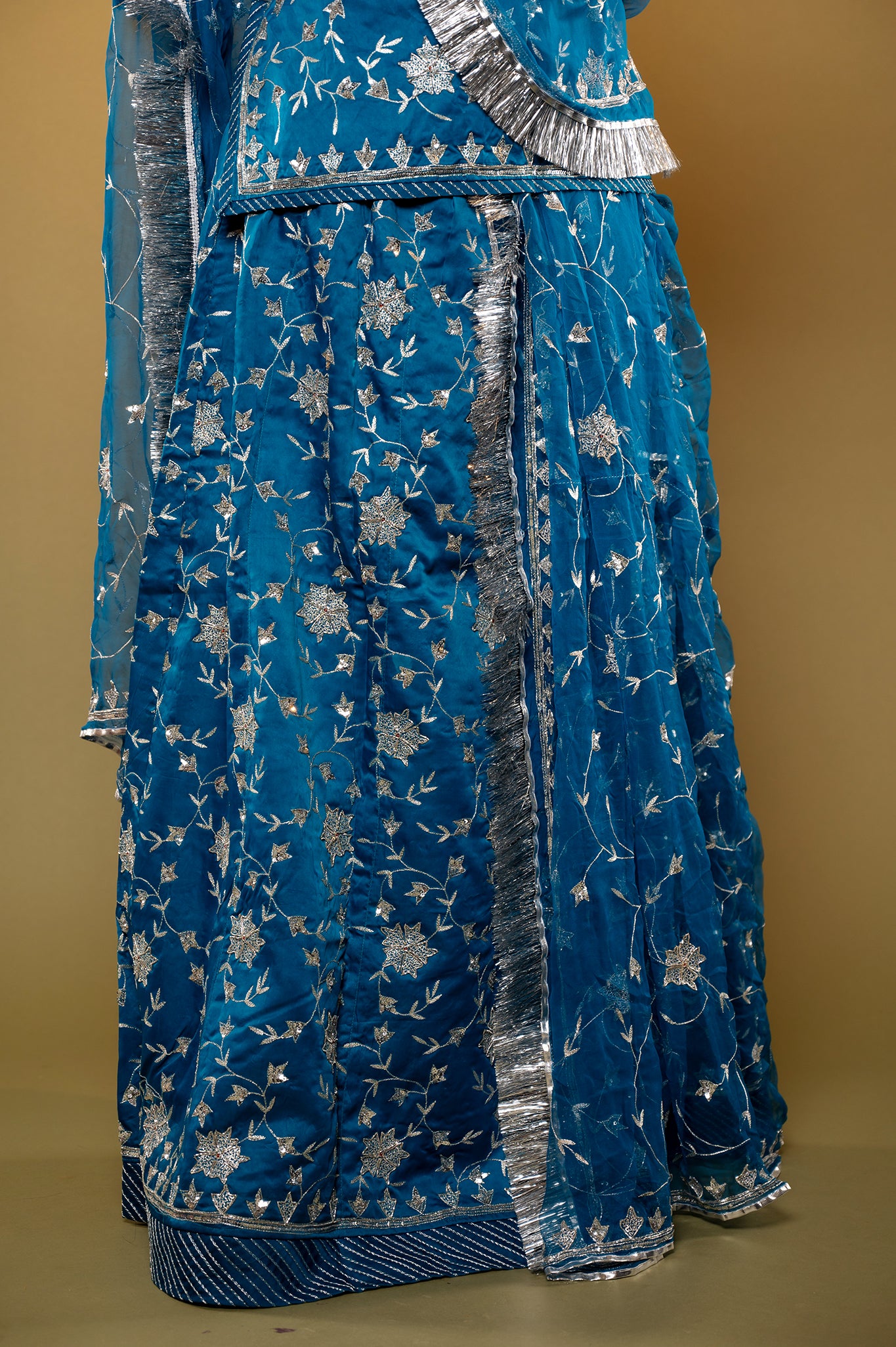 blue bamber satin aari sequins zardozi handwork rajputi Poshak with Pure odhna
