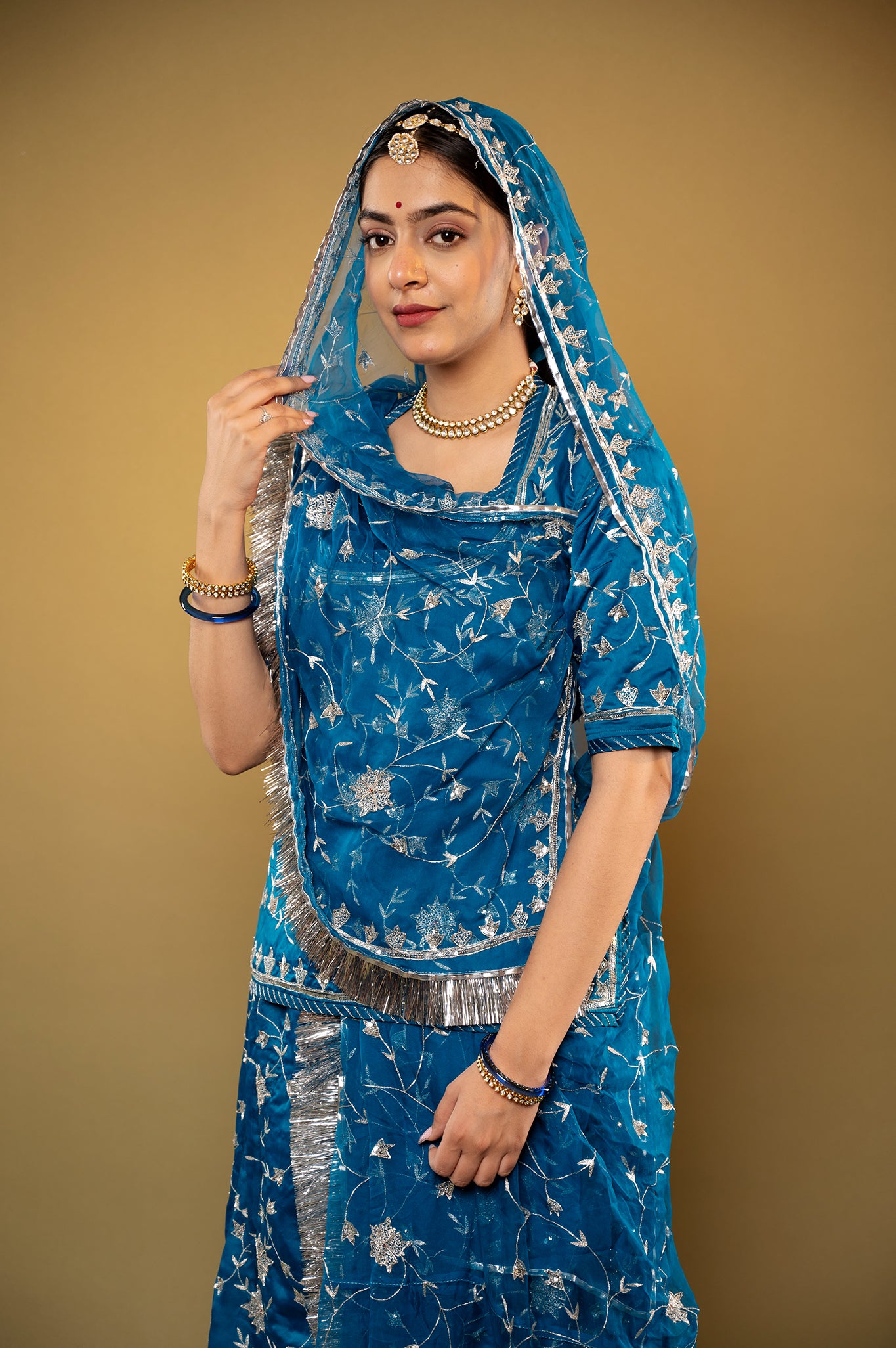 blue bamber satin aari sequins zardozi handwork rajputi Poshak with Pure odhna