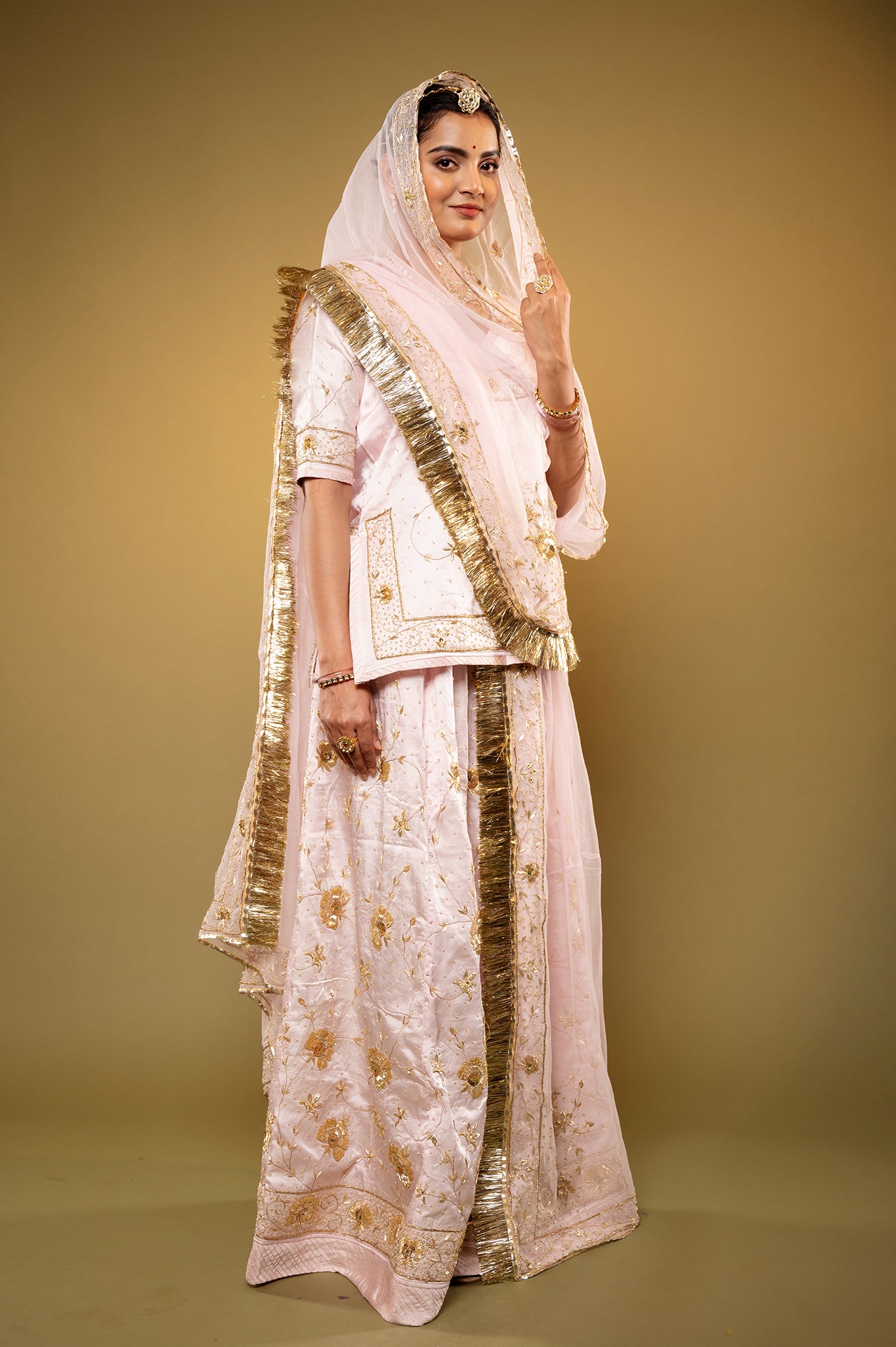 baby pink bamber satin zardozi handwork rajputi Poshak with Pure odhna