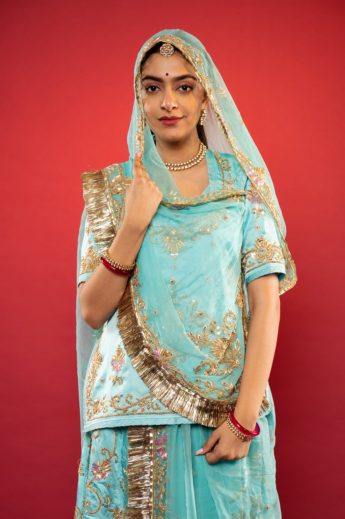 Sky blue bamber satin zadozi handwork rajputi Poshak  with Pure odhna