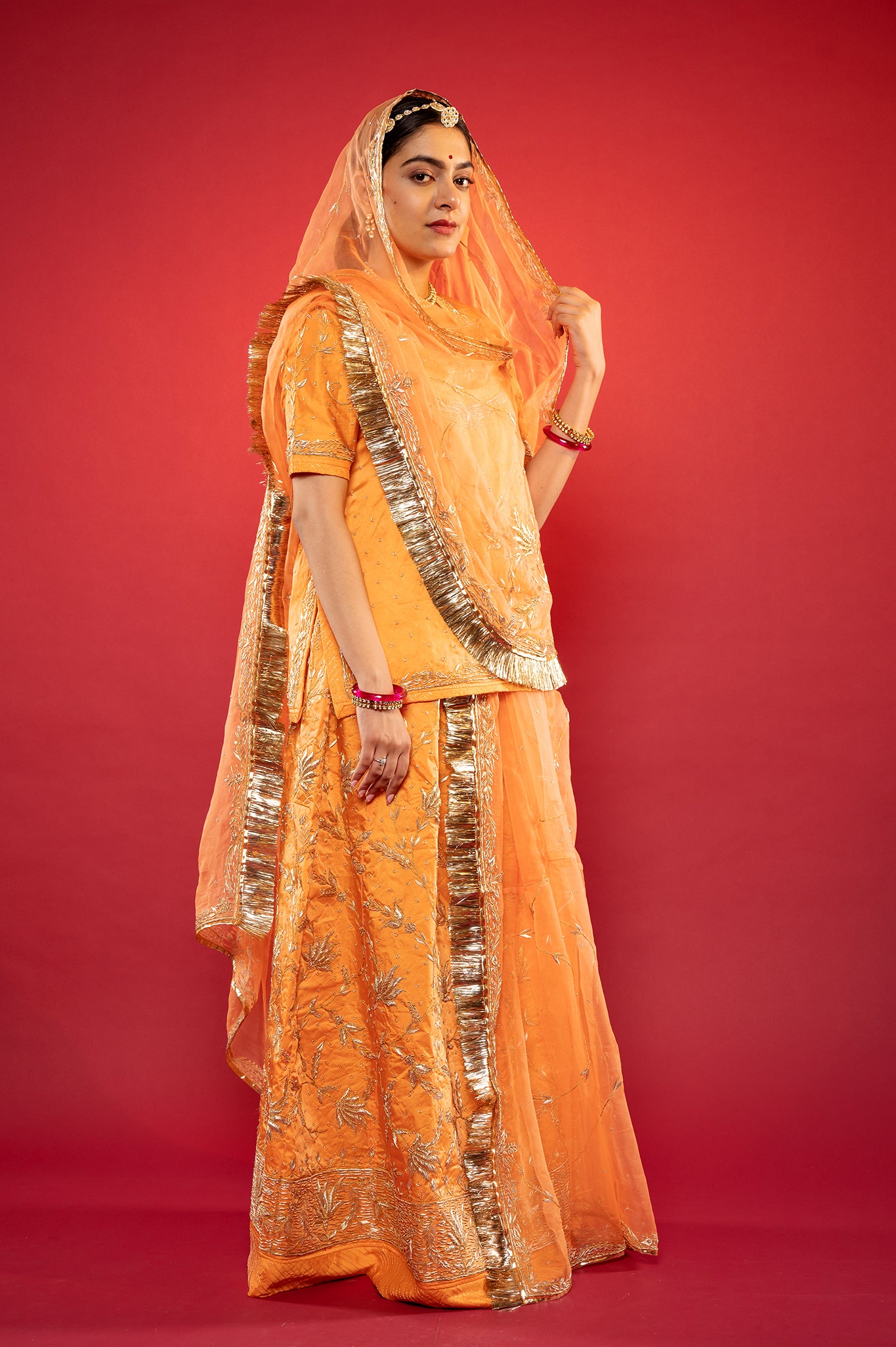 Peach Bamber Satin zardozi handwork rajputi Poshak with Pure odhna