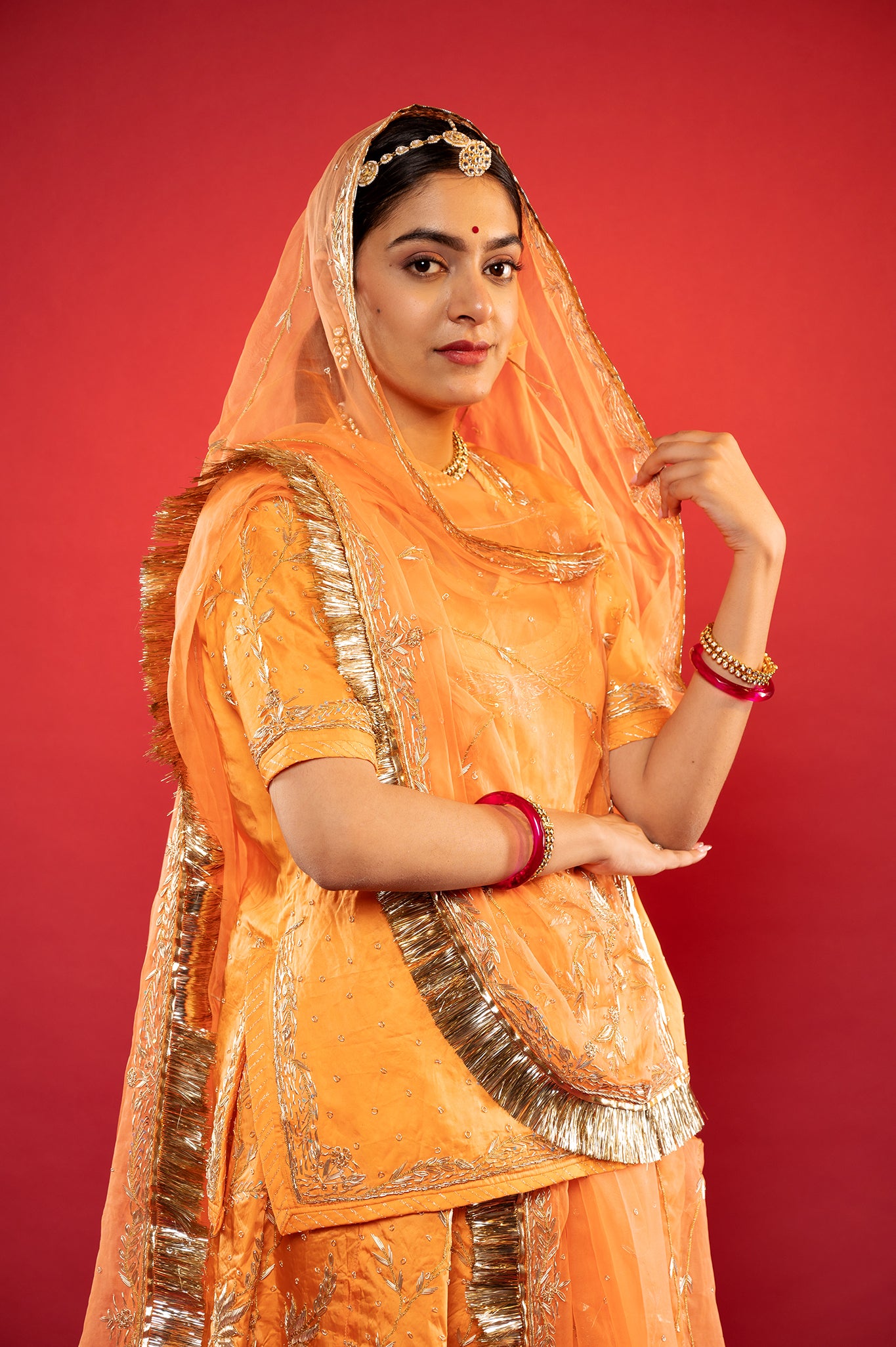 Peach Bamber Satin zardozi handwork rajputi Poshak with Pure odhna