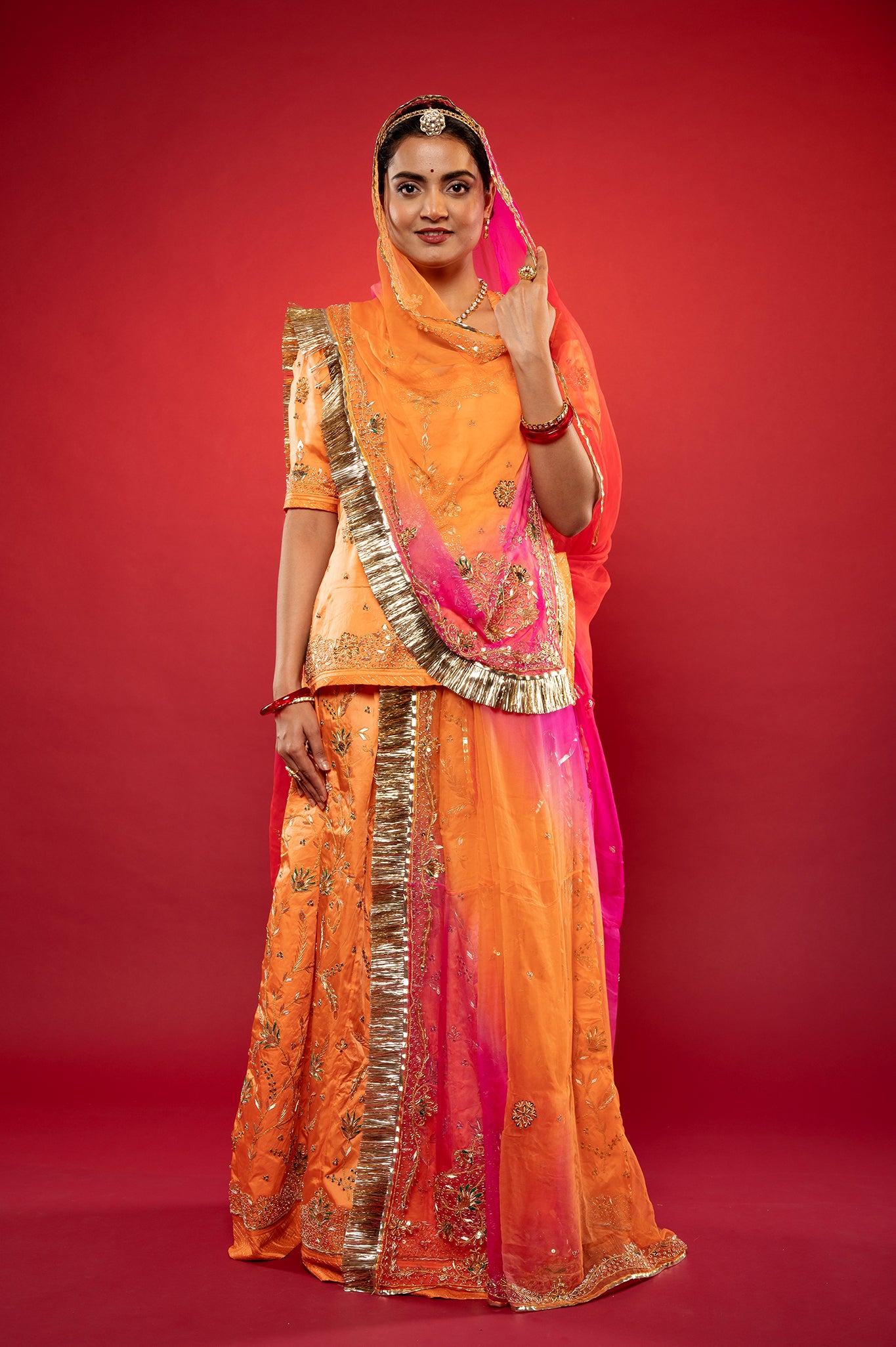 Peach Bamber Satin Zardozi handwork rajputi Poshak with Pure odhna
