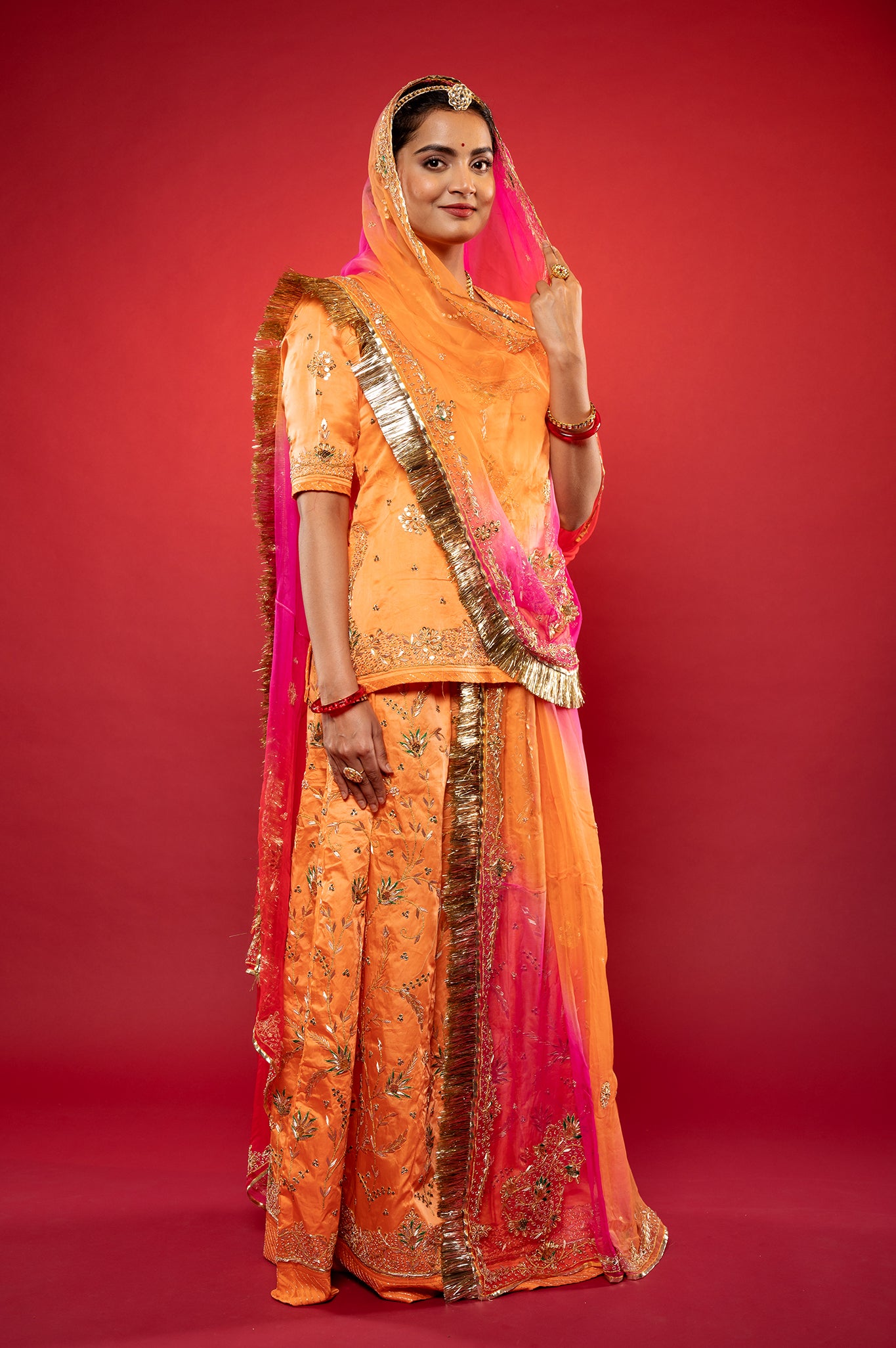 Peach Bamber Satin Zardozi handwork rajputi Poshak with Pure odhna