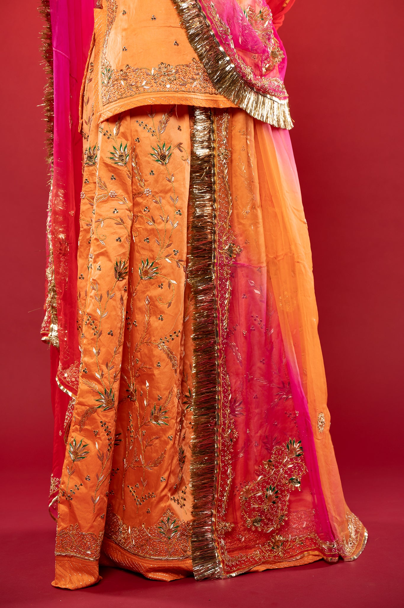 Peach Bamber Satin Zardozi handwork rajputi Poshak with Pure odhna