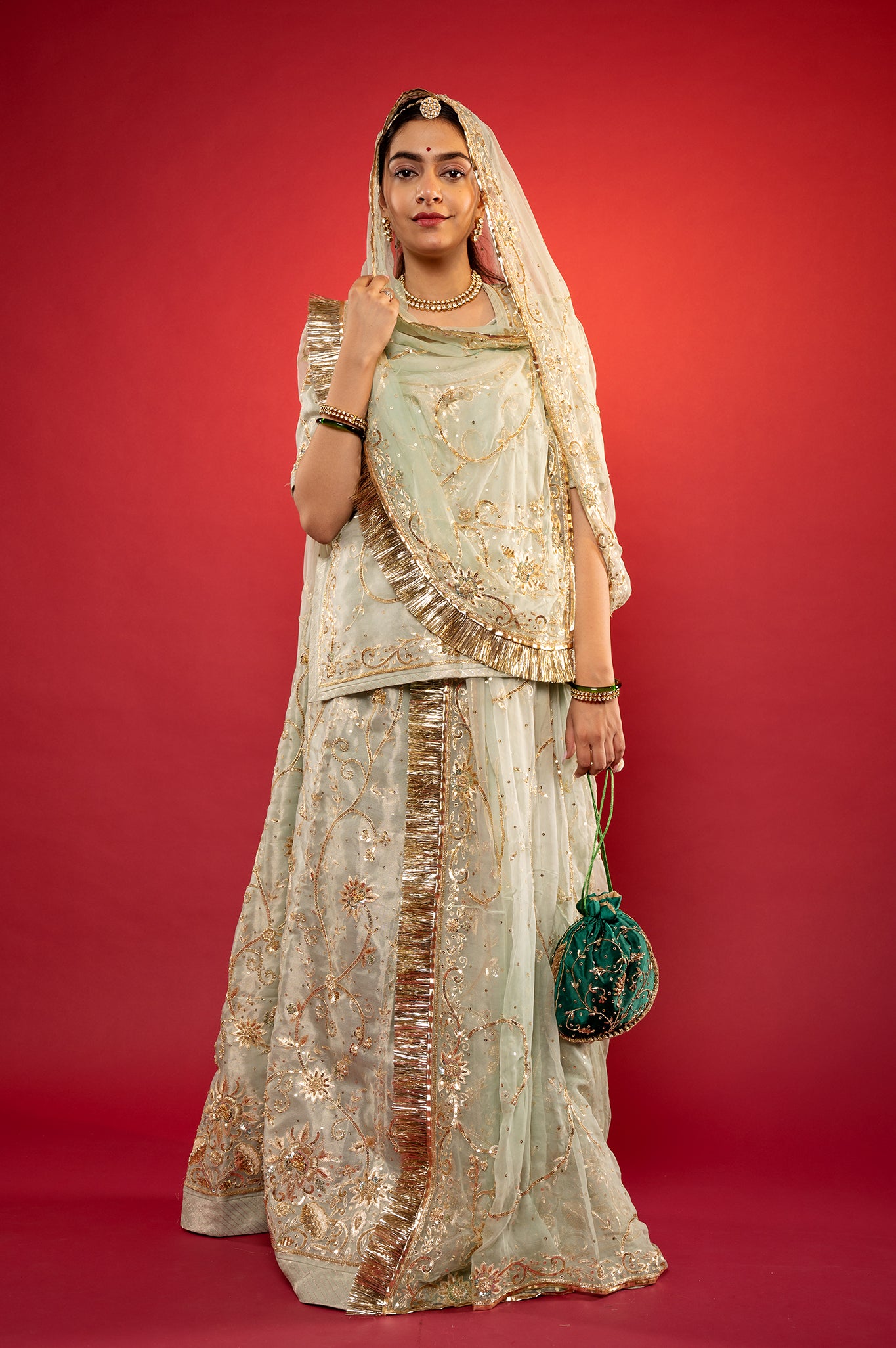Sage Green Pure Tissue Aari Zardozi handwork rajputi Poshak with Pure odhna