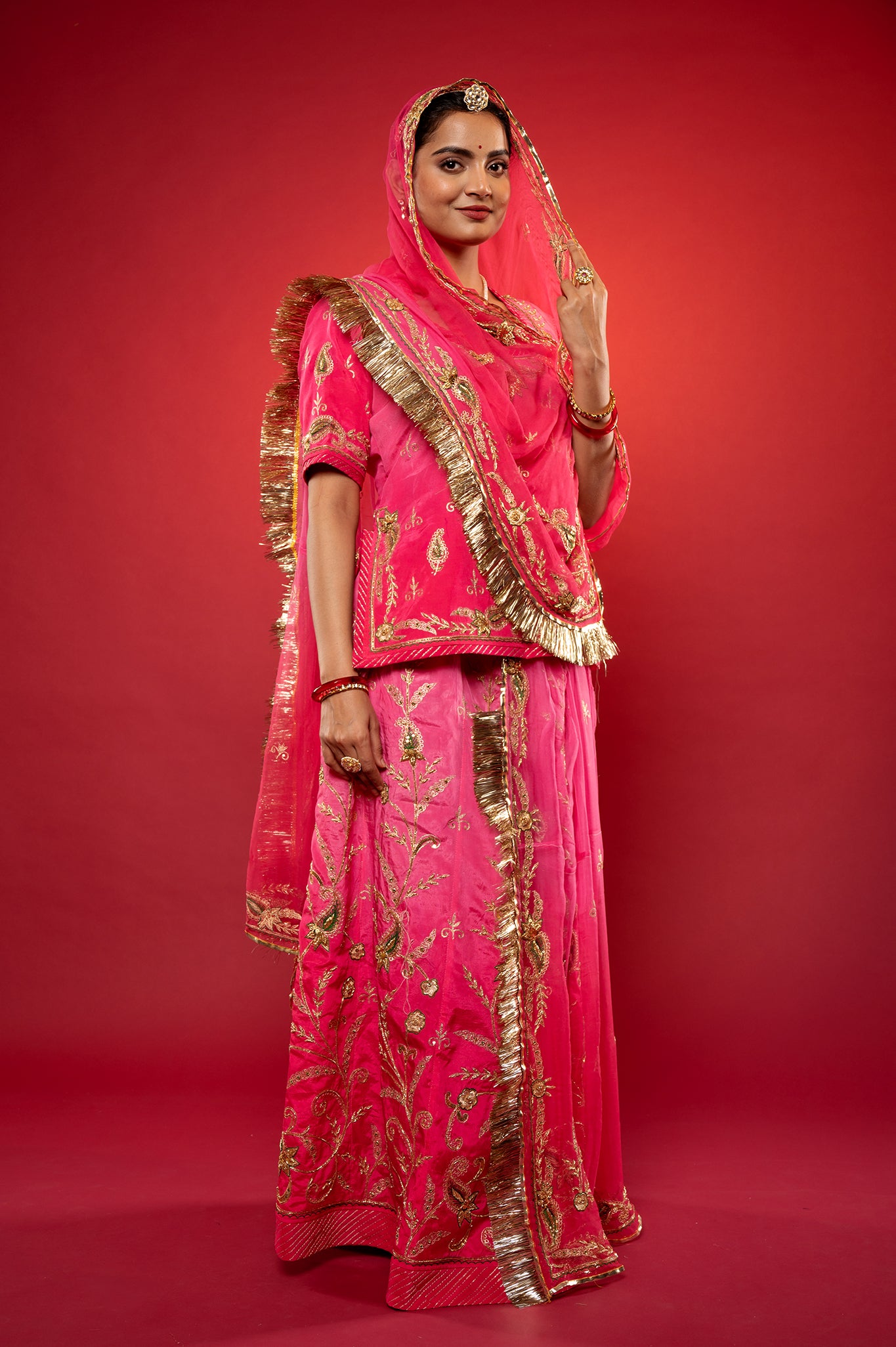 Gajri Pink light dark Bamber Satin Zardozi handwork rajputi Poshak with Pure odhna
