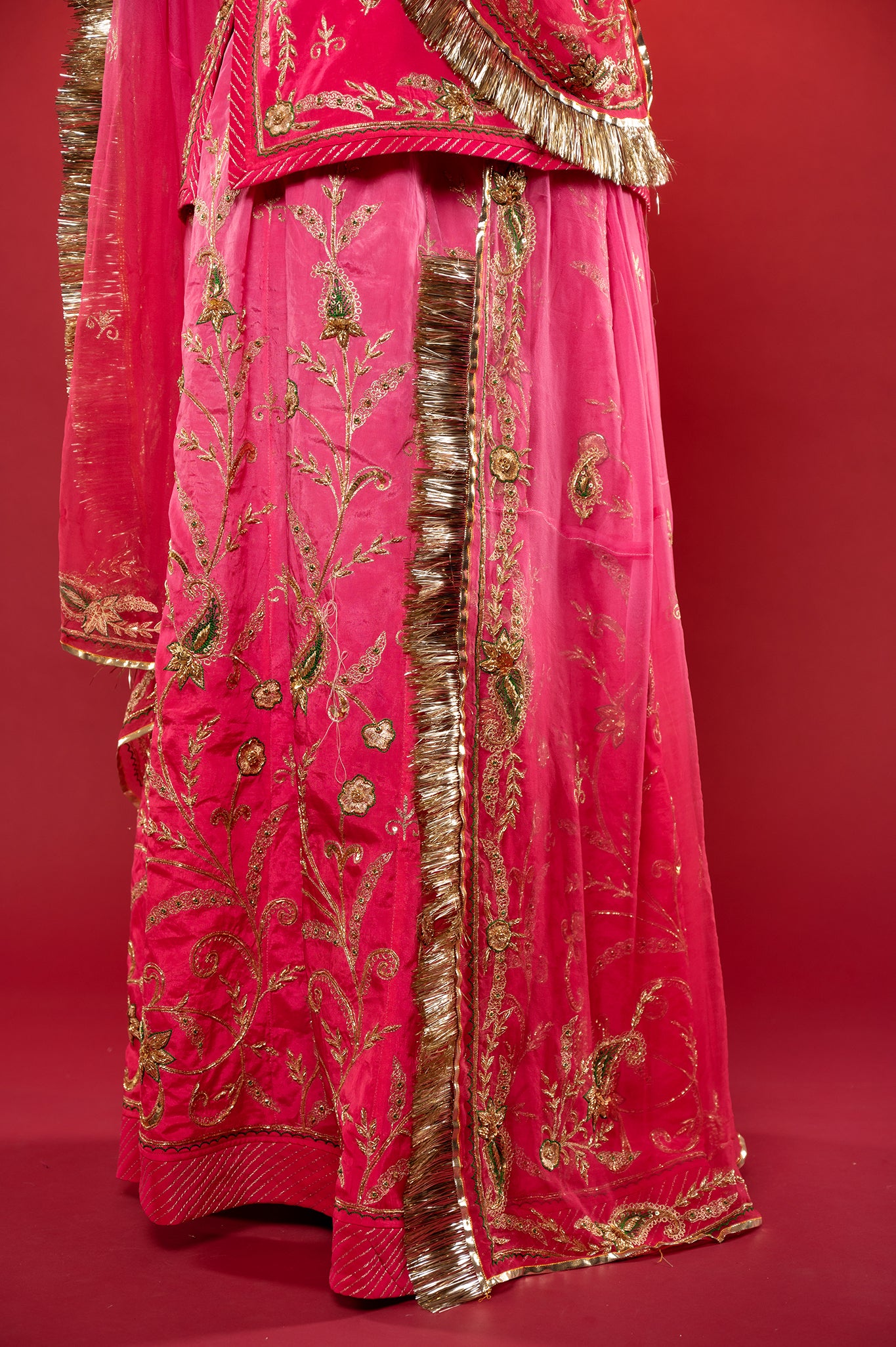 Gajri Pink light dark Bamber Satin Zardozi handwork rajputi Poshak with Pure odhna
