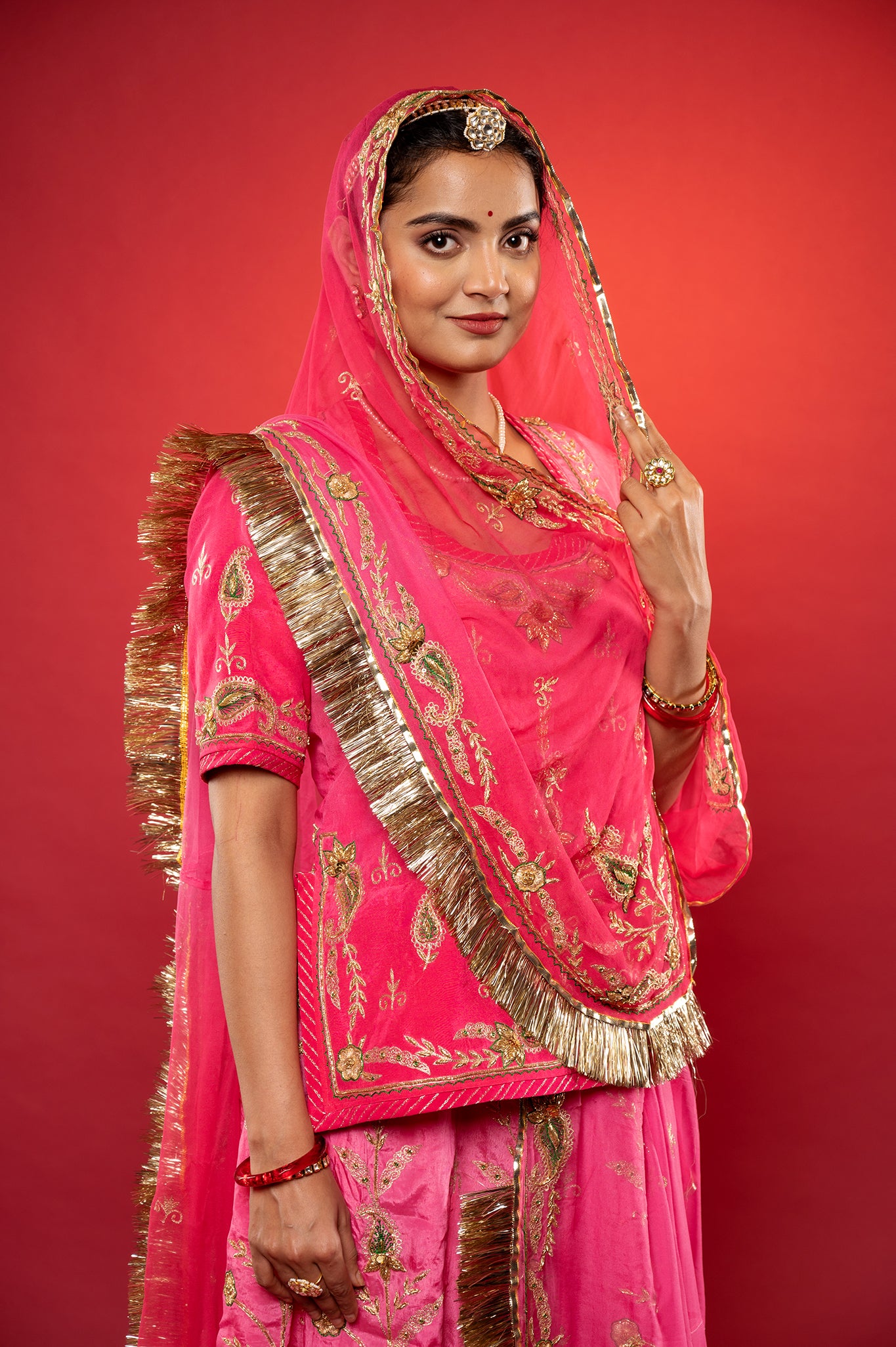 Gajri Pink light dark Bamber Satin Zardozi handwork rajputi Poshak with Pure odhna