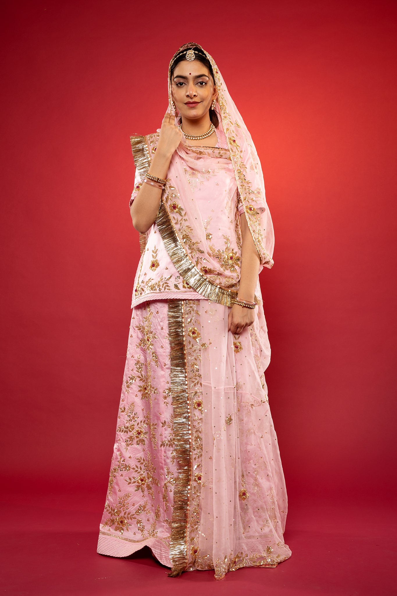 pink bamber satin zardozi handwork rajputi Poshak with pure odhna