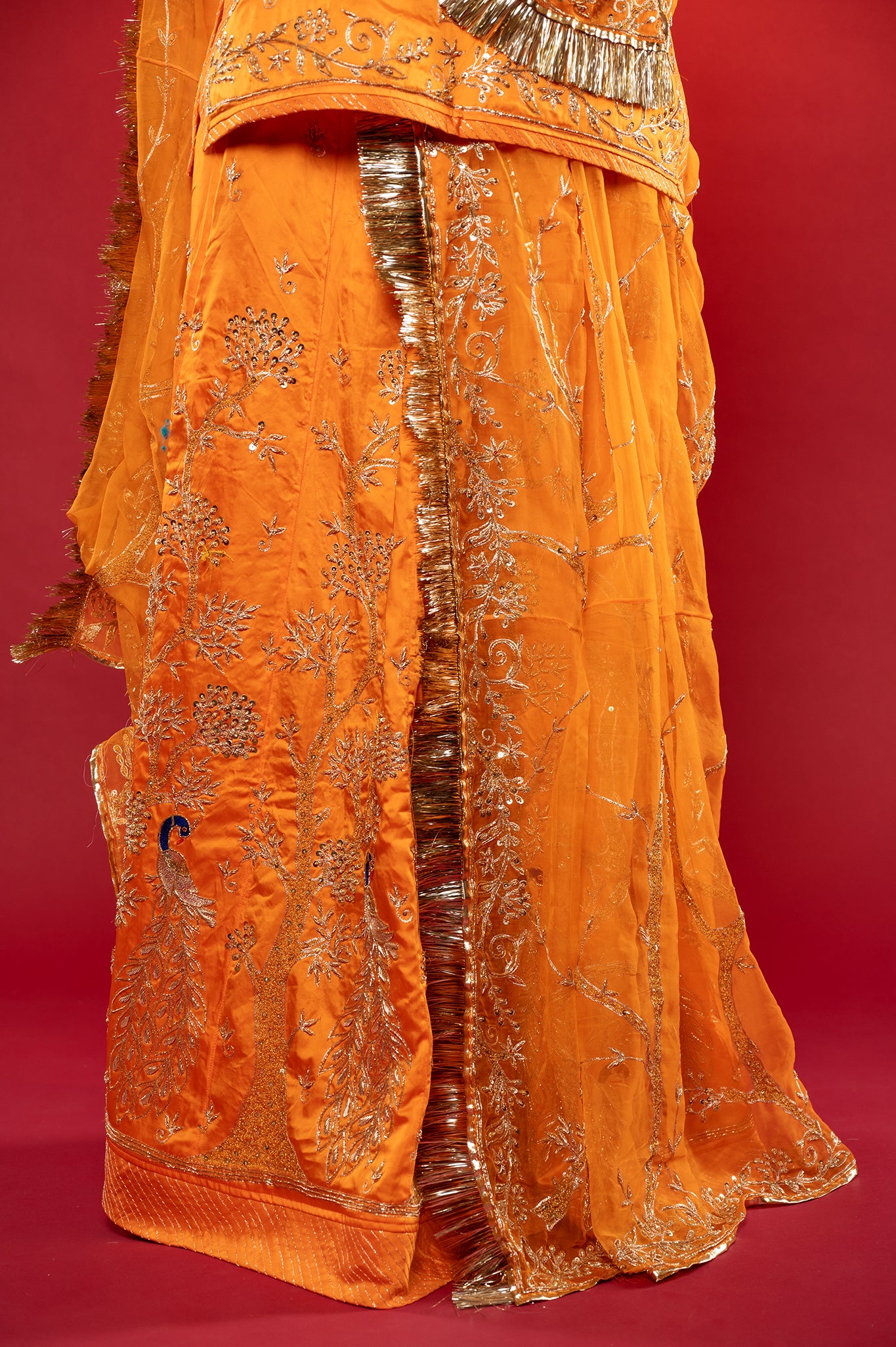 kesariya yellow bamber satin zardozi handwork rajputi Poshak with Pure odhna