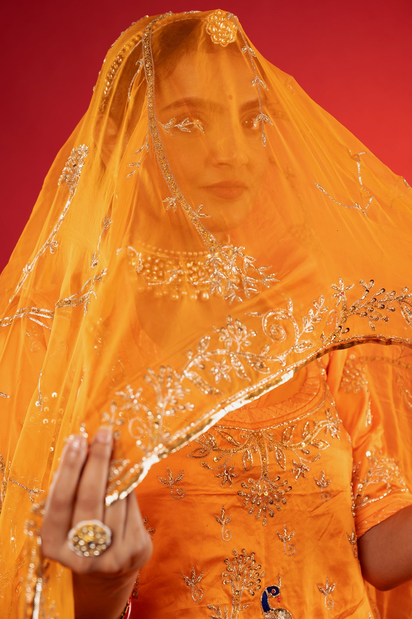 kesariya yellow bamber satin zardozi handwork rajputi Poshak with Pure odhna