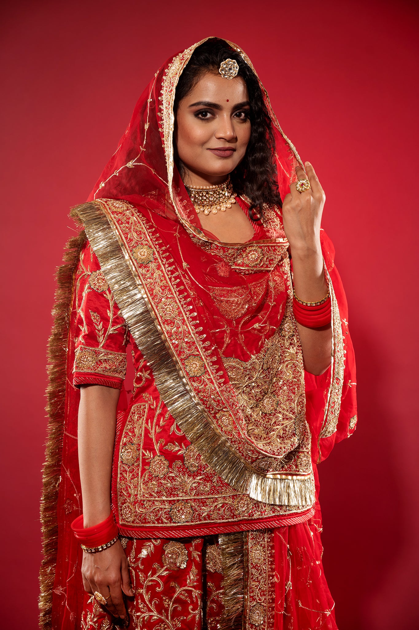 red Pure Silk Satin zardozi handwork rajputi Poshak with Pure odhna