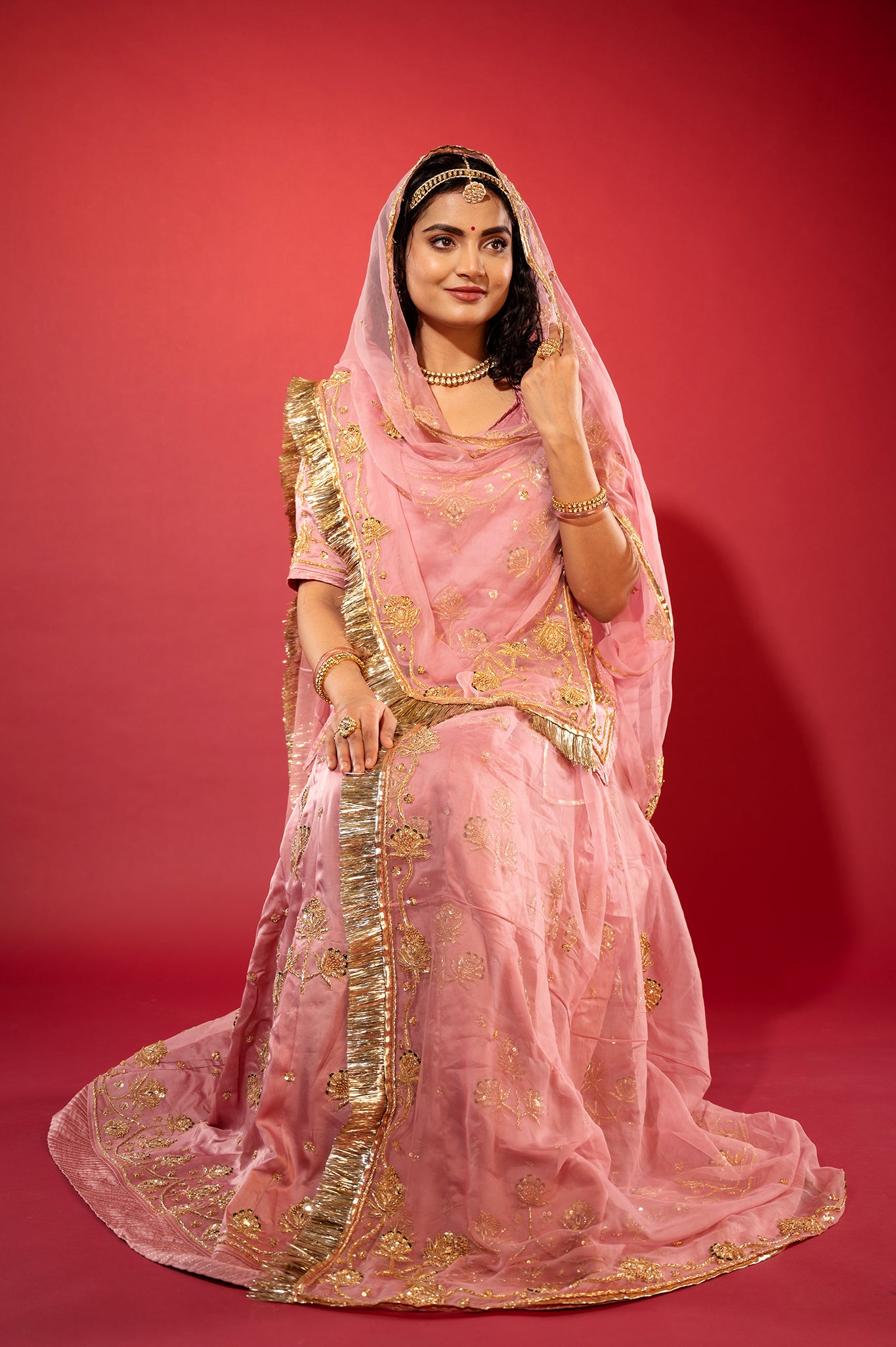 pink bamber satin zardozi handwork rajputi Poshak with Pure odhna