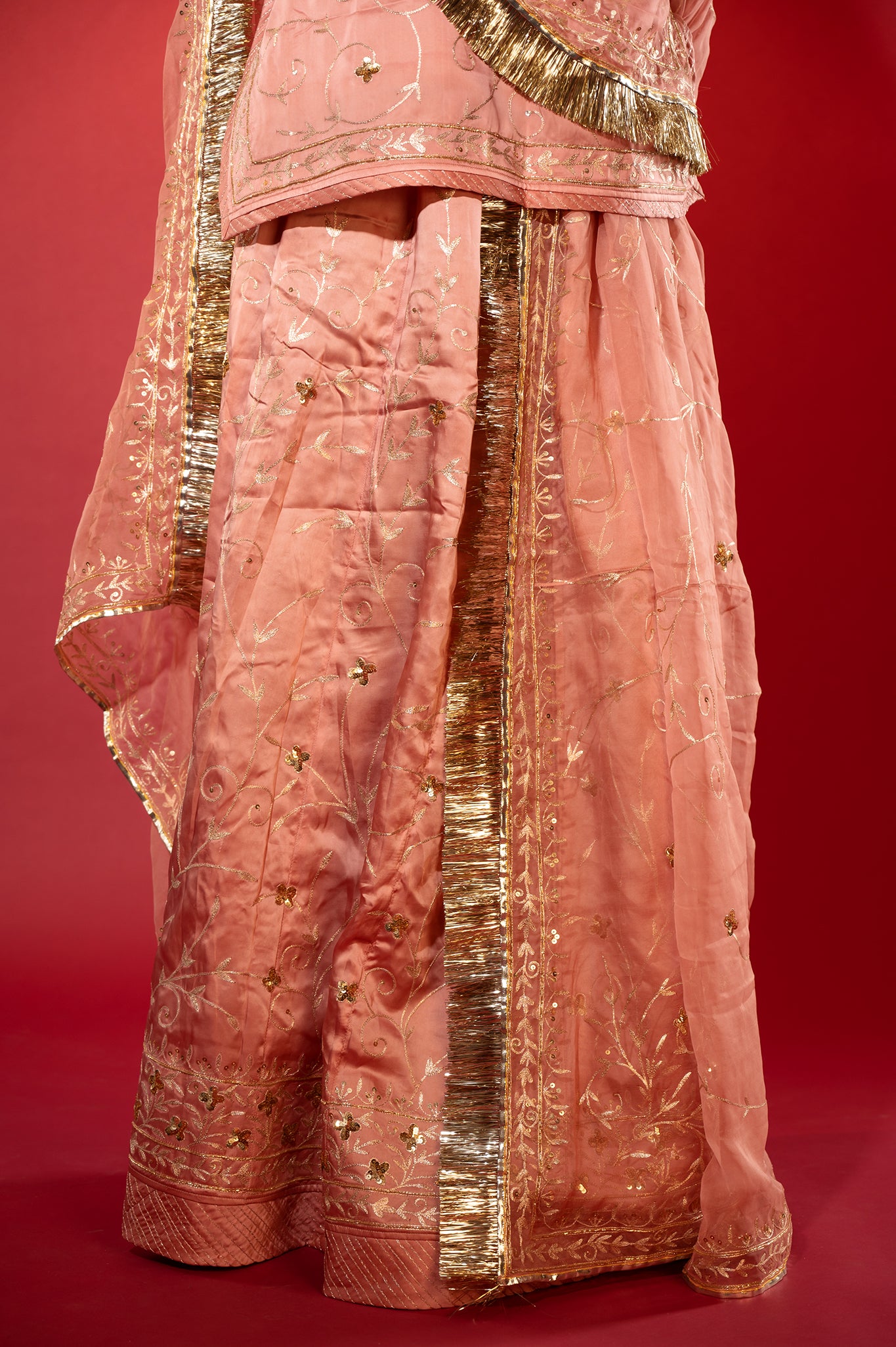 light peach bamber satin aari zardozi handwork rajputi Poshak with Pure odhna