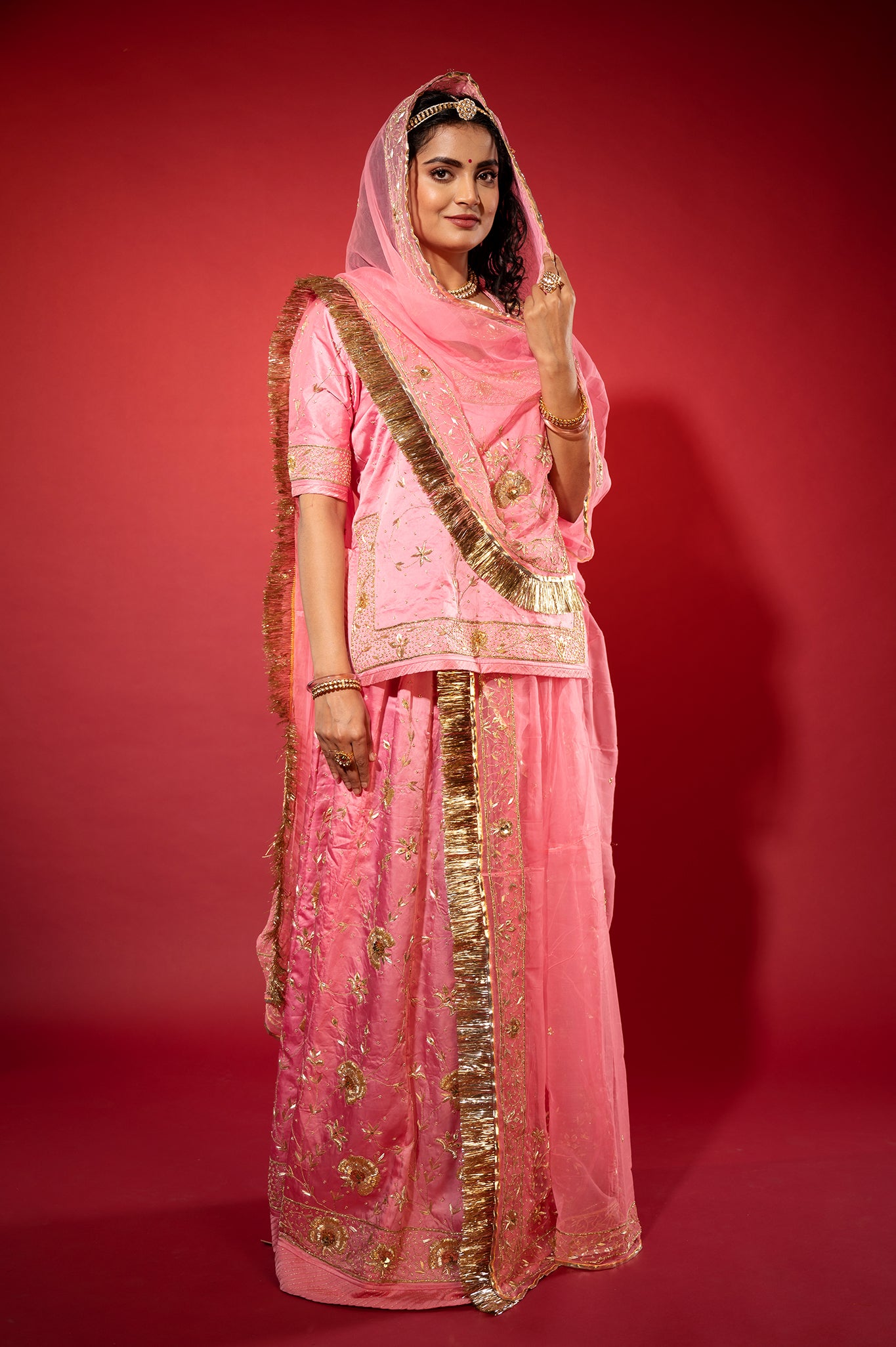 Pink bamber satin zardozi handwork rajputi Poshak with Pure odhna