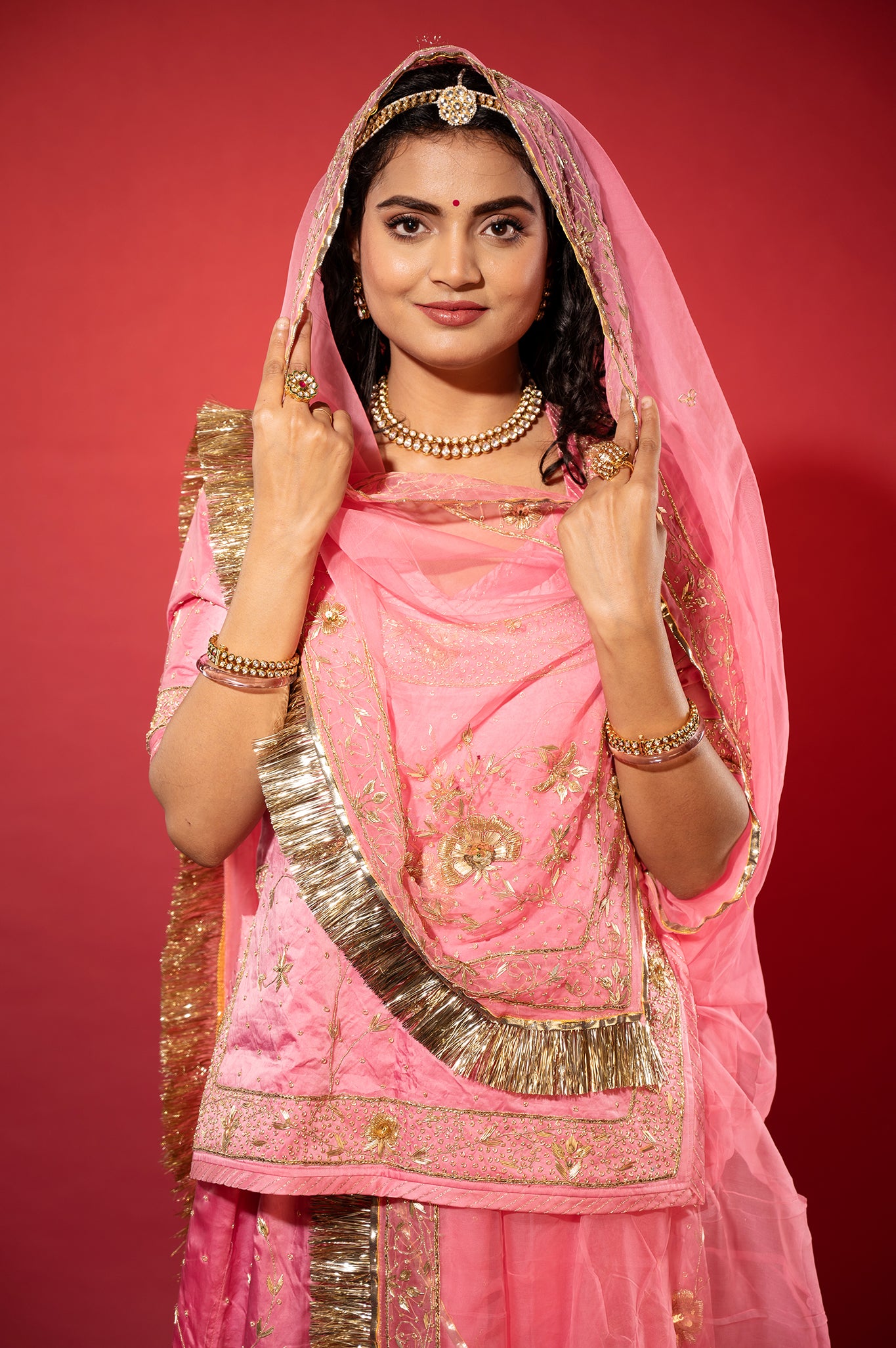 Pink bamber satin zardozi handwork rajputi Poshak with Pure odhna