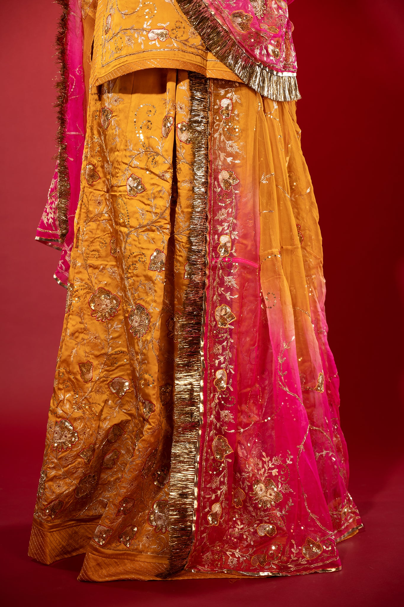 kesariya yellow bamber satin aari zardozi handwork rajputi Poshak with Pure odhna