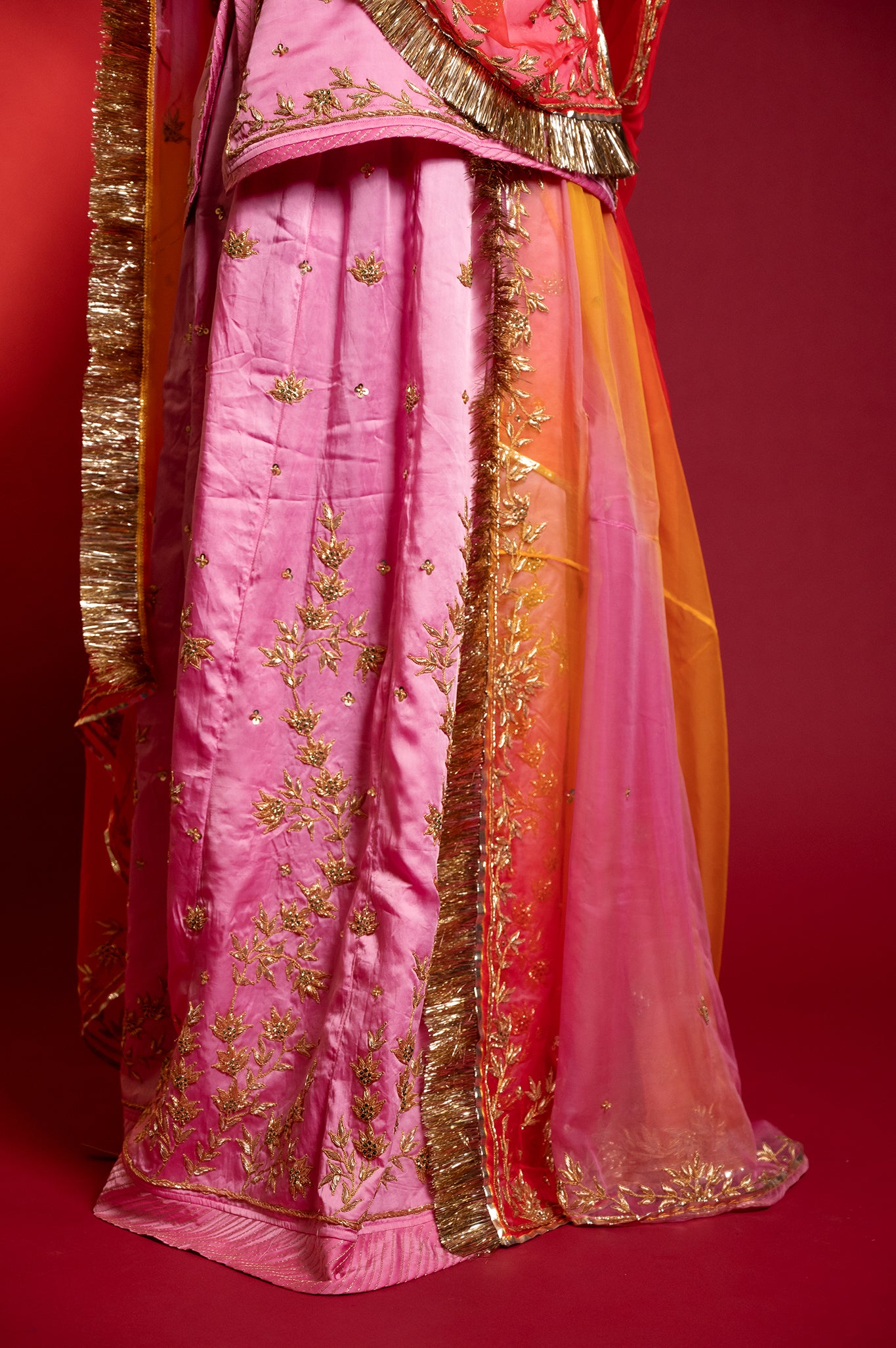 Pink bamber satin zardozi handwork rajputi Poshak with Pure odhna