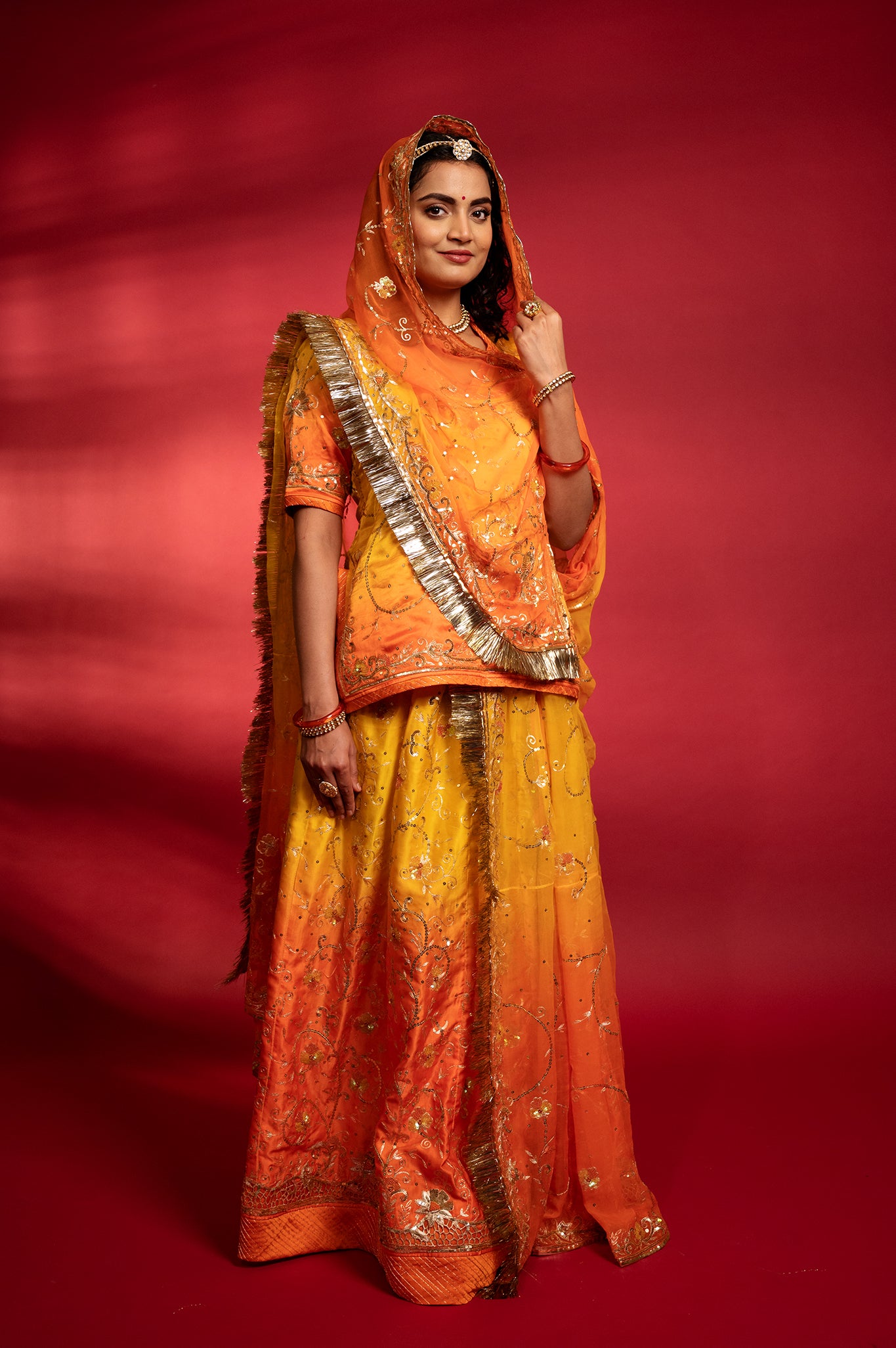 orange yellow Pure Silk Satin Aari sequins handwork rajputi Poshak with Pure odhna