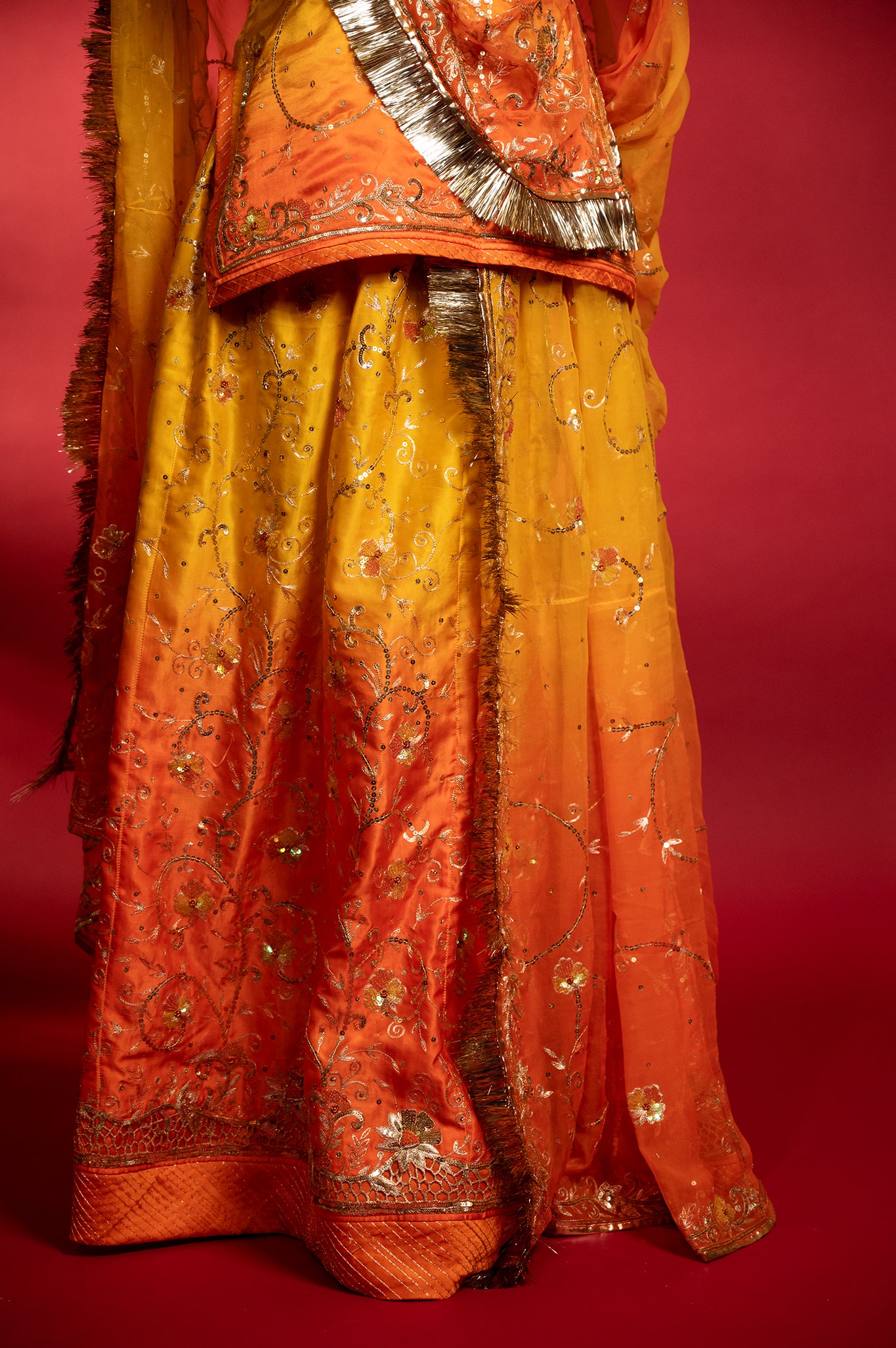 orange yellow Pure Silk Satin Aari sequins handwork rajputi Poshak with Pure odhna