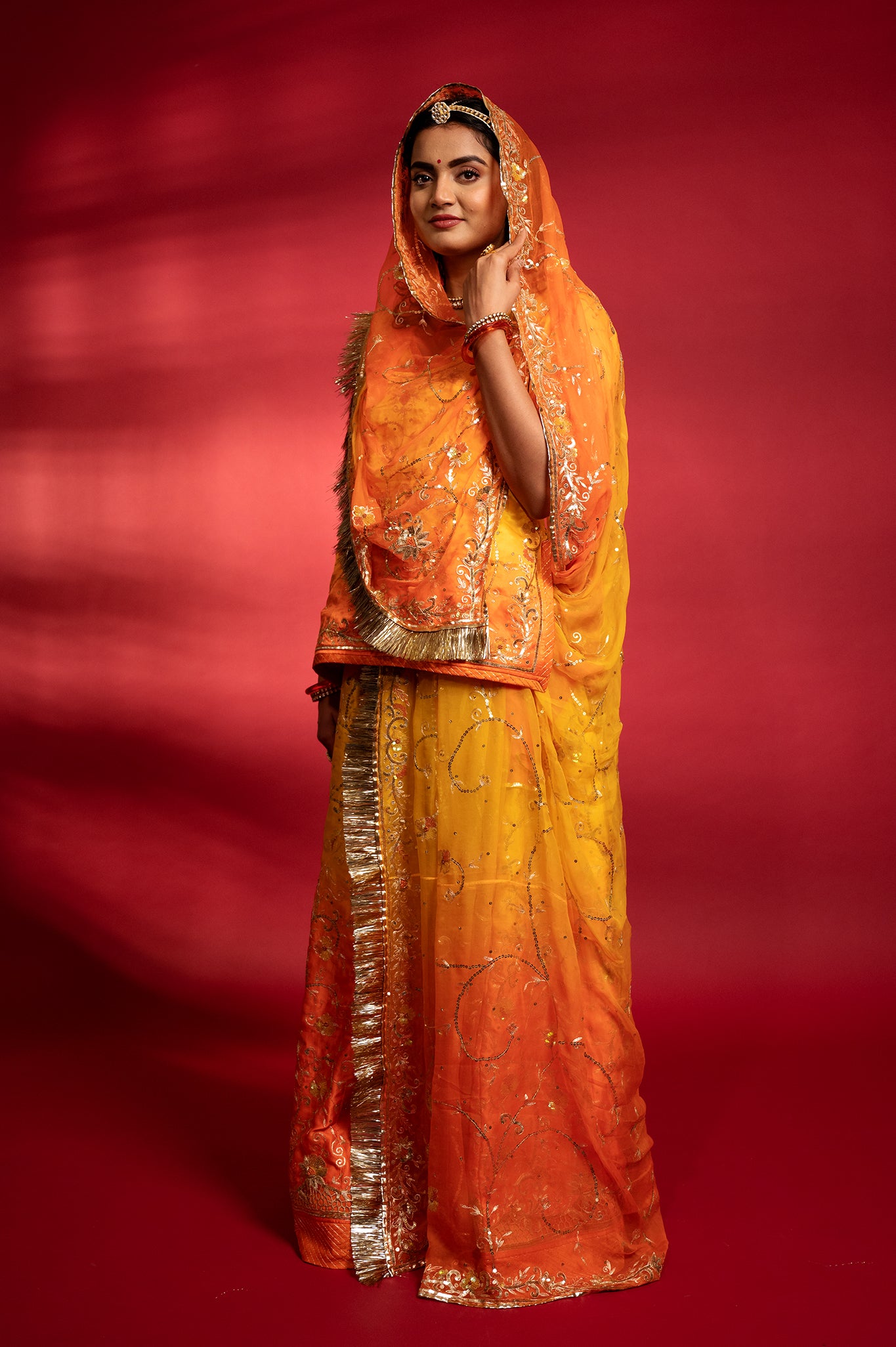 orange yellow Pure Silk Satin Aari sequins handwork rajputi Poshak with Pure odhna