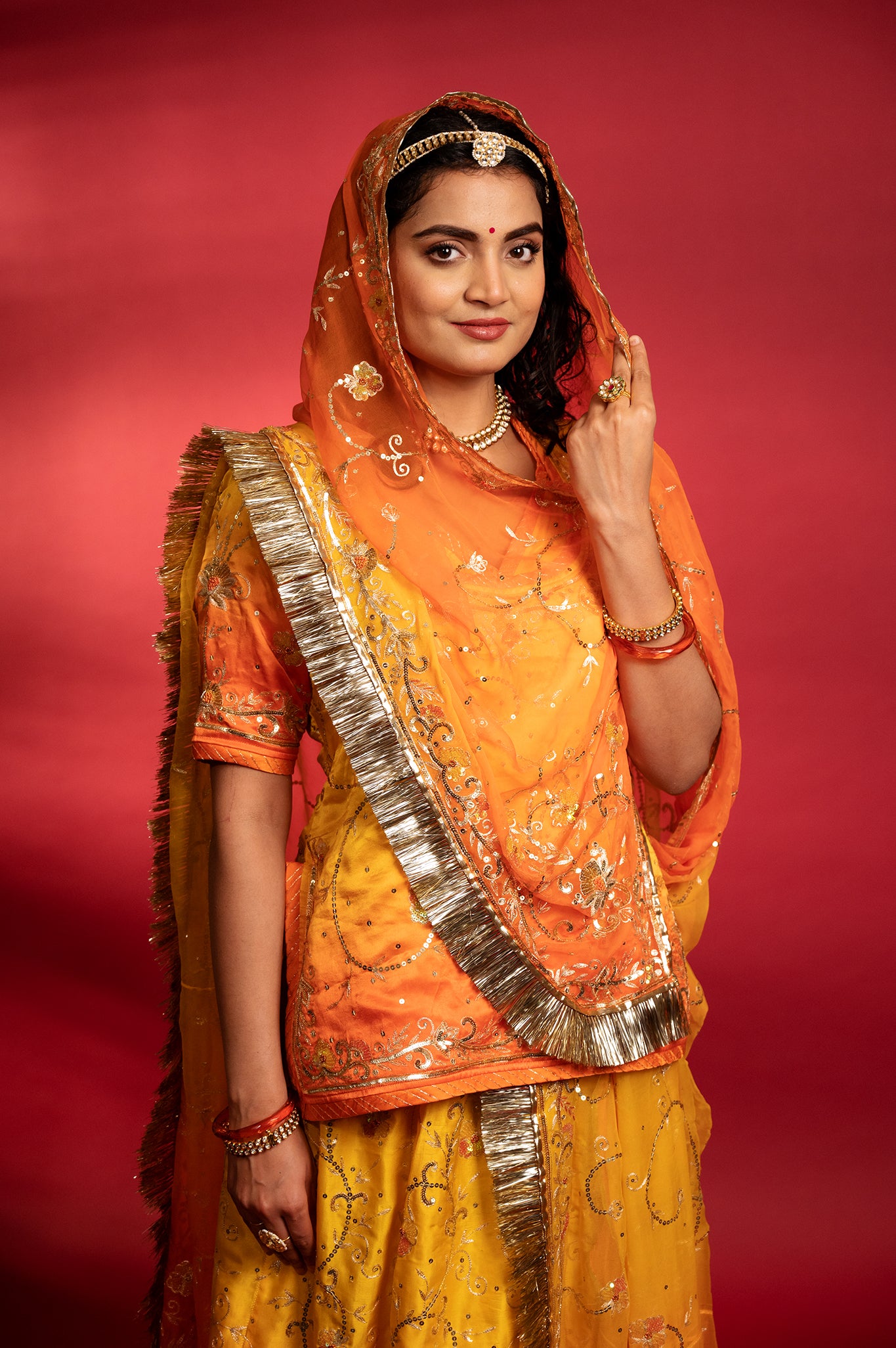 orange yellow Pure Silk Satin Aari sequins handwork rajputi Poshak with Pure odhna