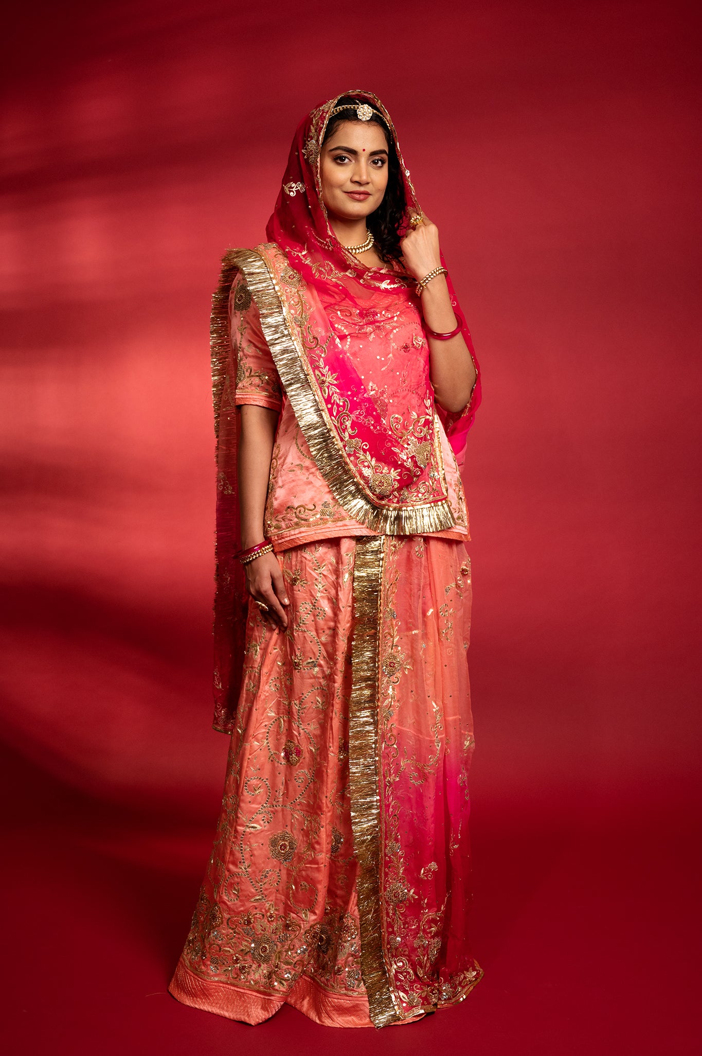 Peach bamber satin aari sequins handwork Rajputi Poshak with Pure odhna