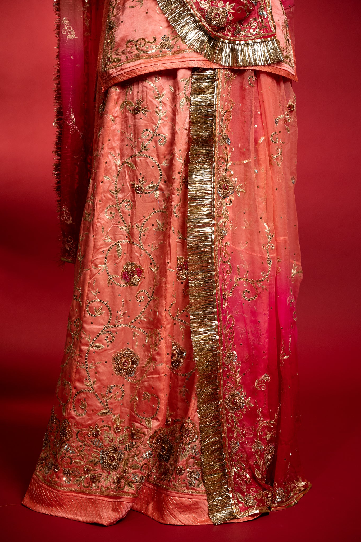 Peach bamber satin aari sequins handwork Rajputi Poshak with Pure odhna