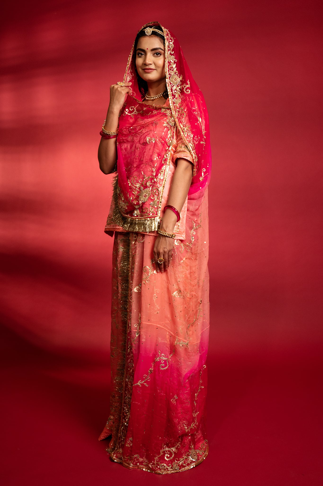 Peach bamber satin aari sequins handwork Rajputi Poshak with Pure odhna