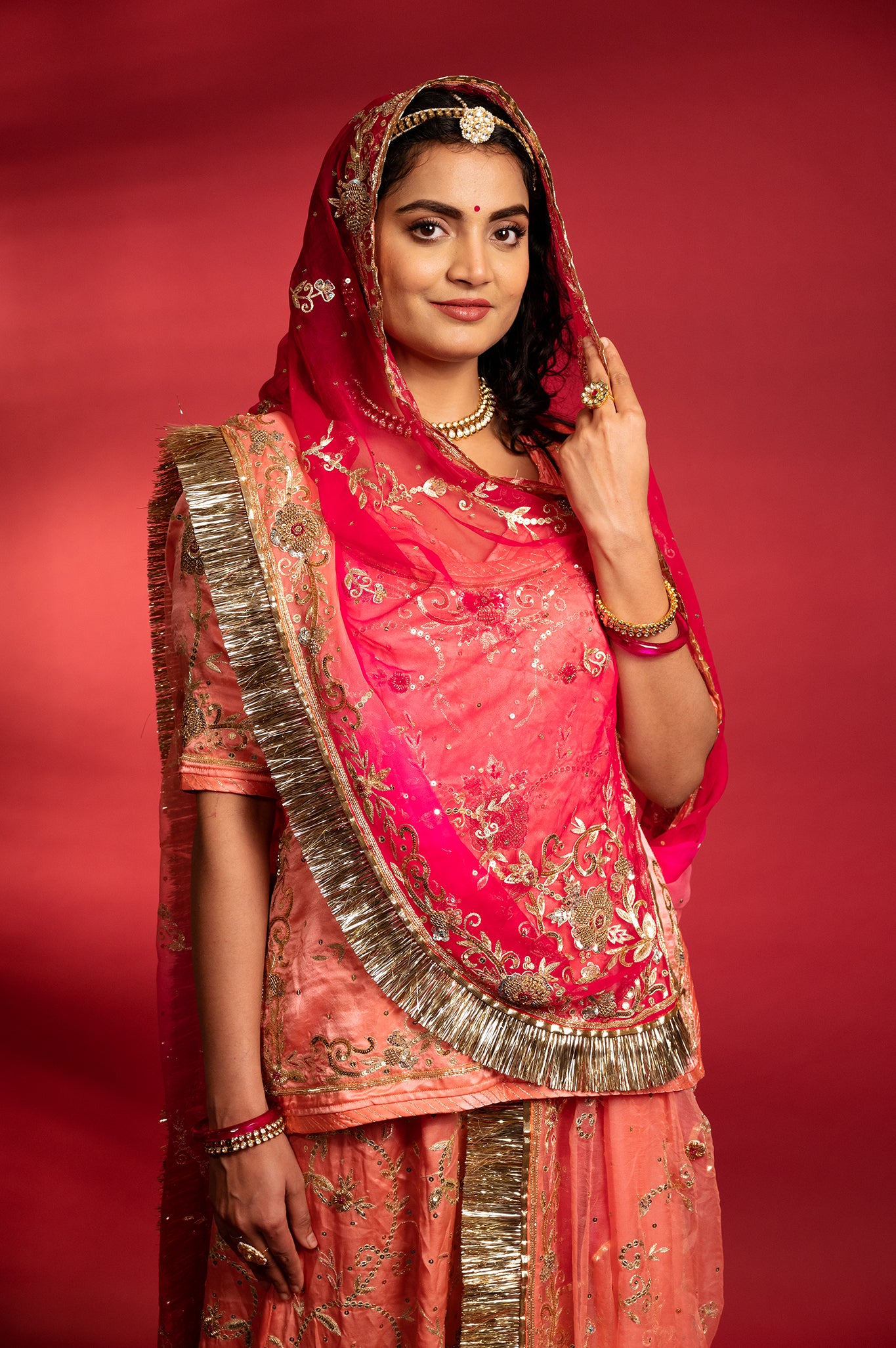 Peach bamber satin aari sequins handwork Rajputi Poshak with Pure odhna