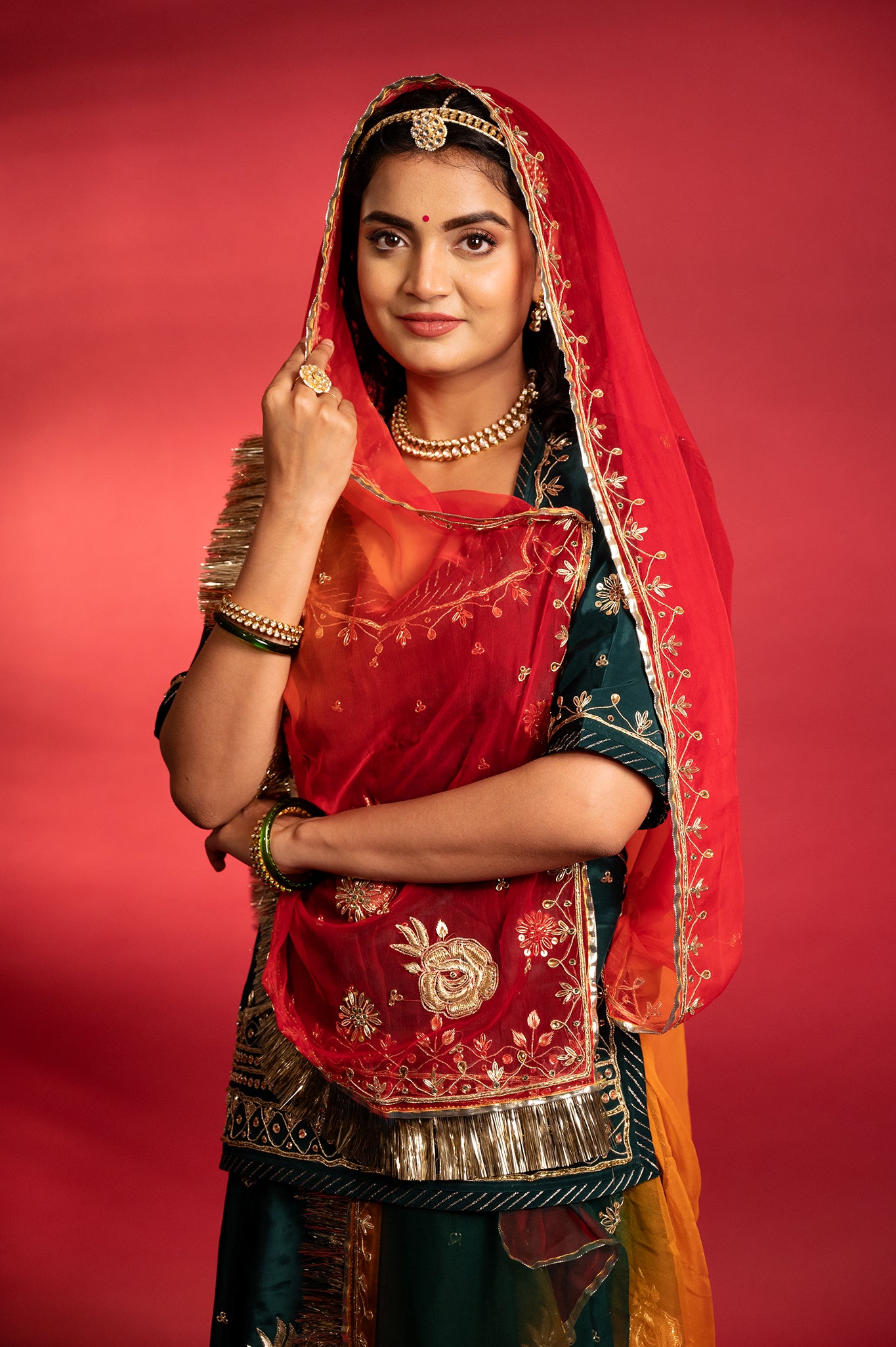 bottle green bamber satin aari zardozi handwork Rajputi Poshak with Pure odhna