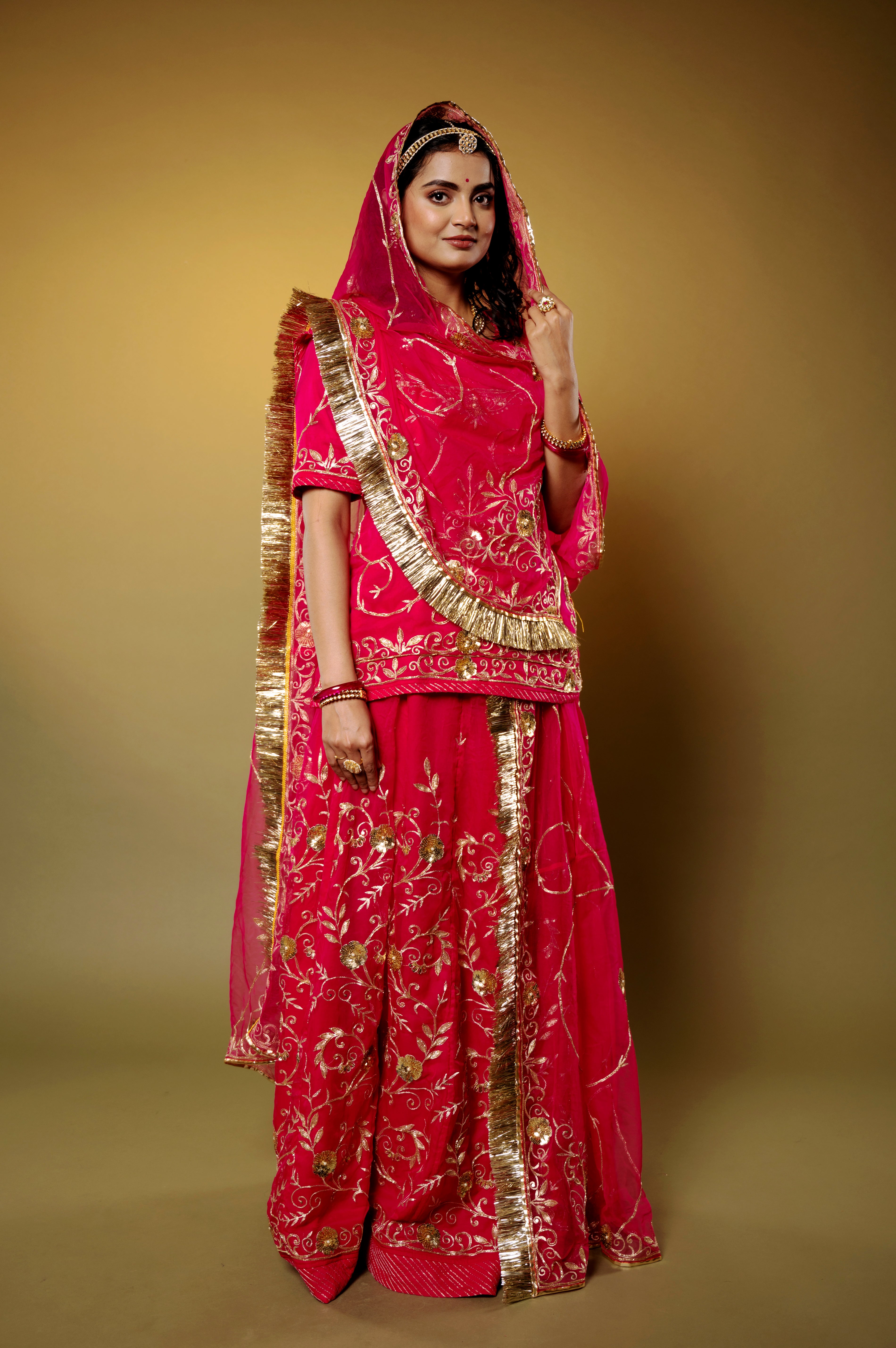 Cherry Red Bamber Satin Aari Sequins handwork Rajputi Poshak with Pure odhna