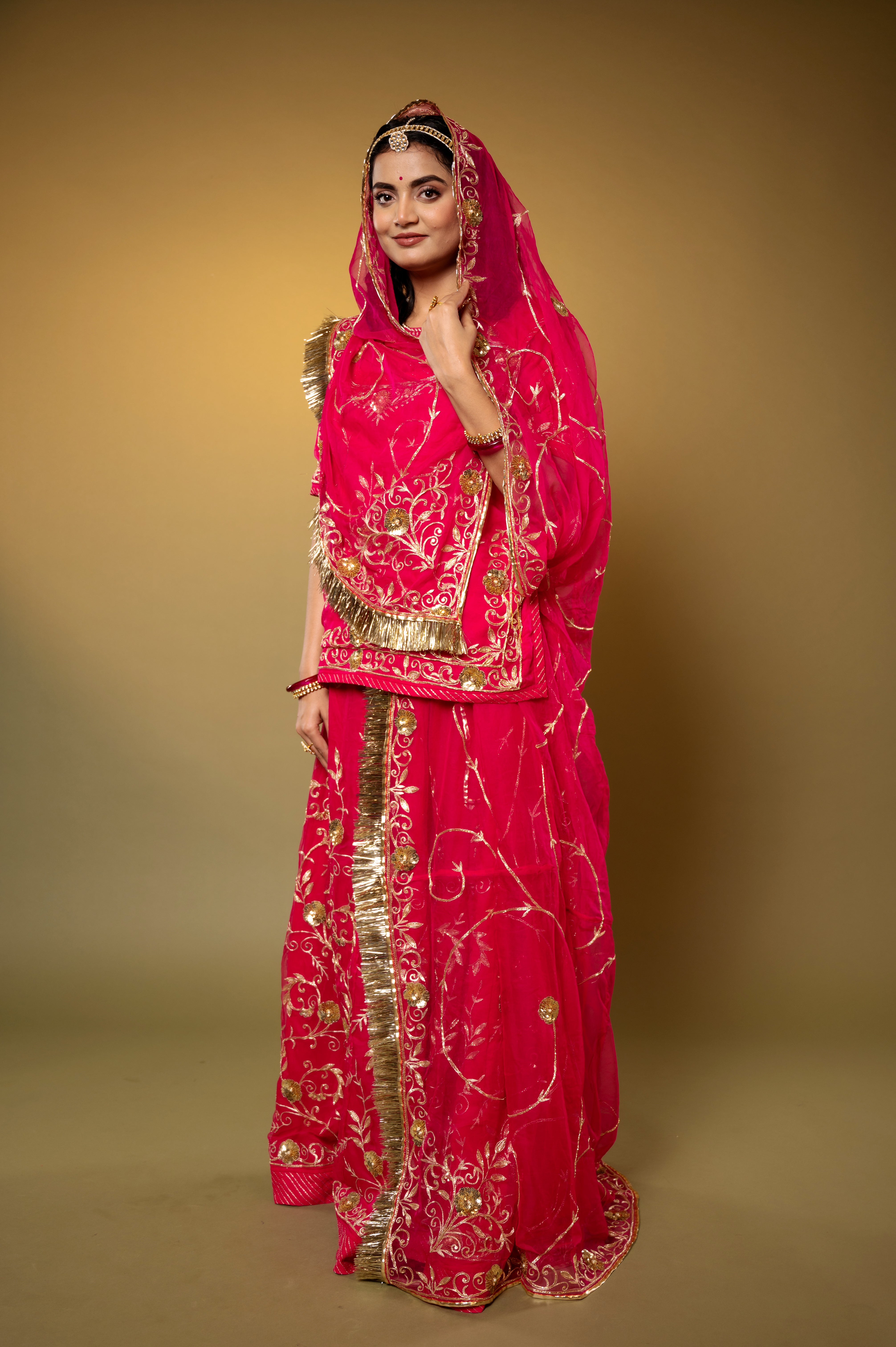 Cherry Red Bamber Satin Aari Sequins handwork Rajputi Poshak with Pure odhna