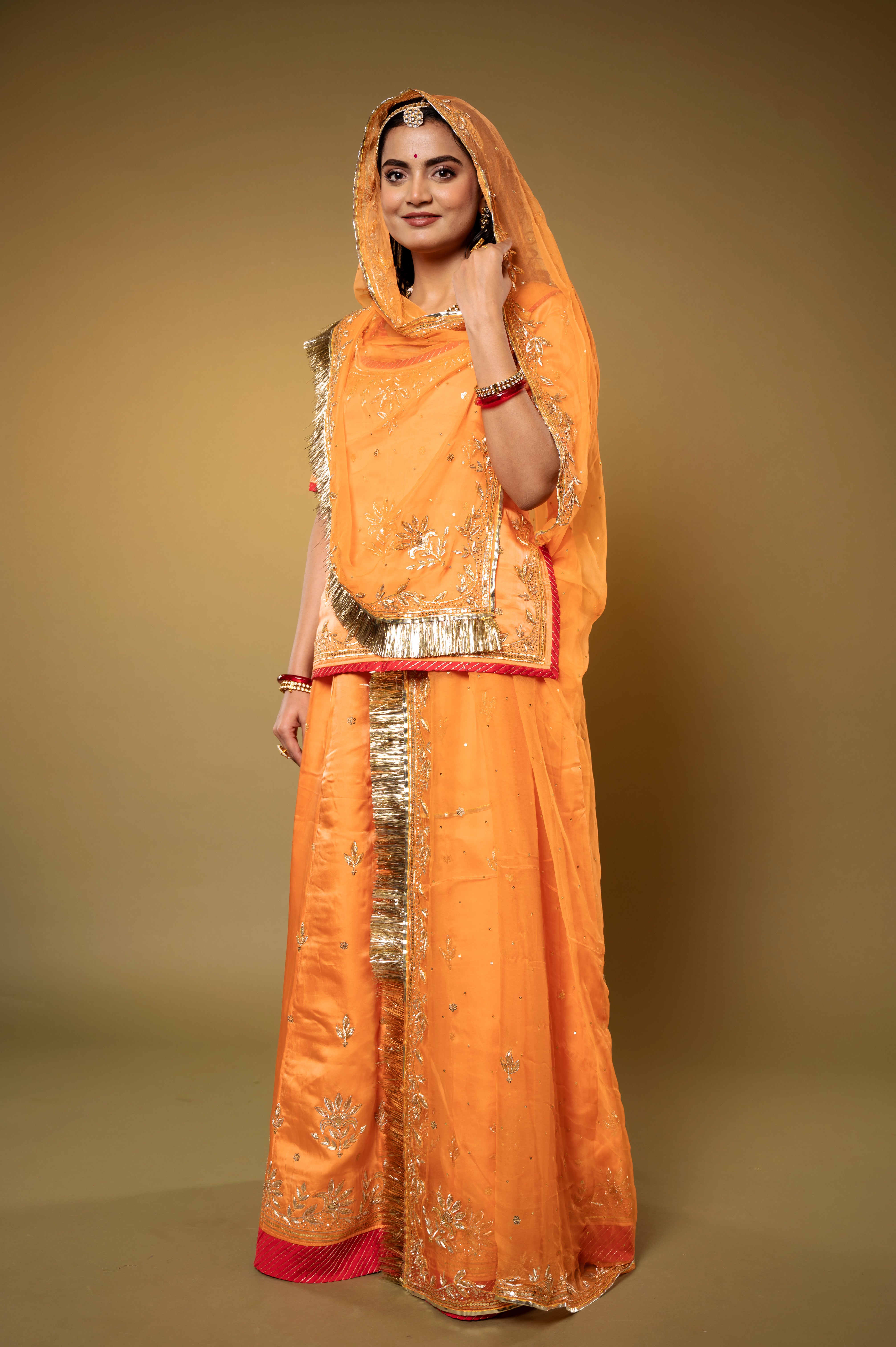 orange bamber satin sikhiya zardozi handwork Rajputi Poshak with Pure odhna