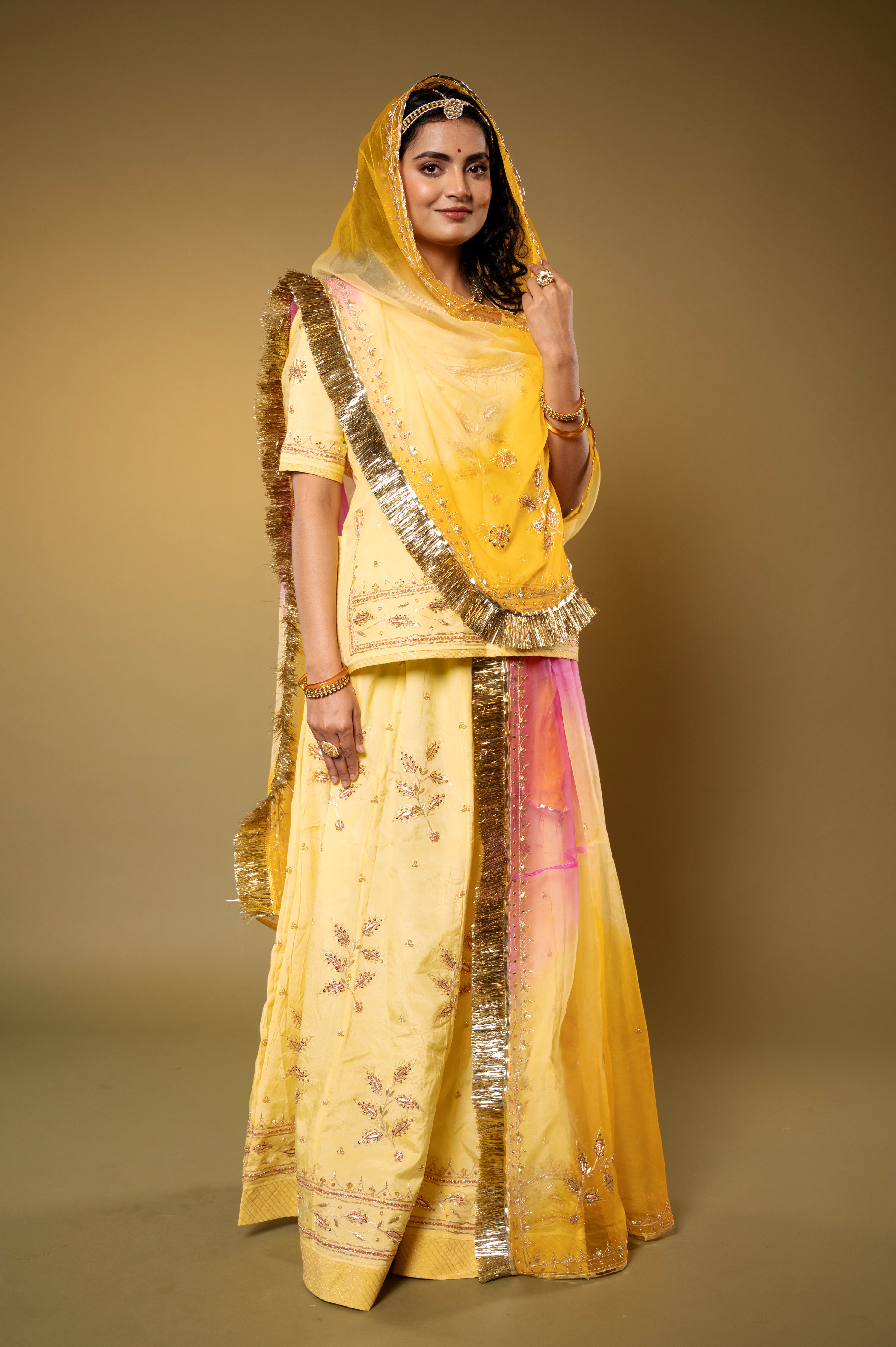 lemon yellow Crepe aari sequins zardozi handwork Rajputi Poshak with Pure odhna
