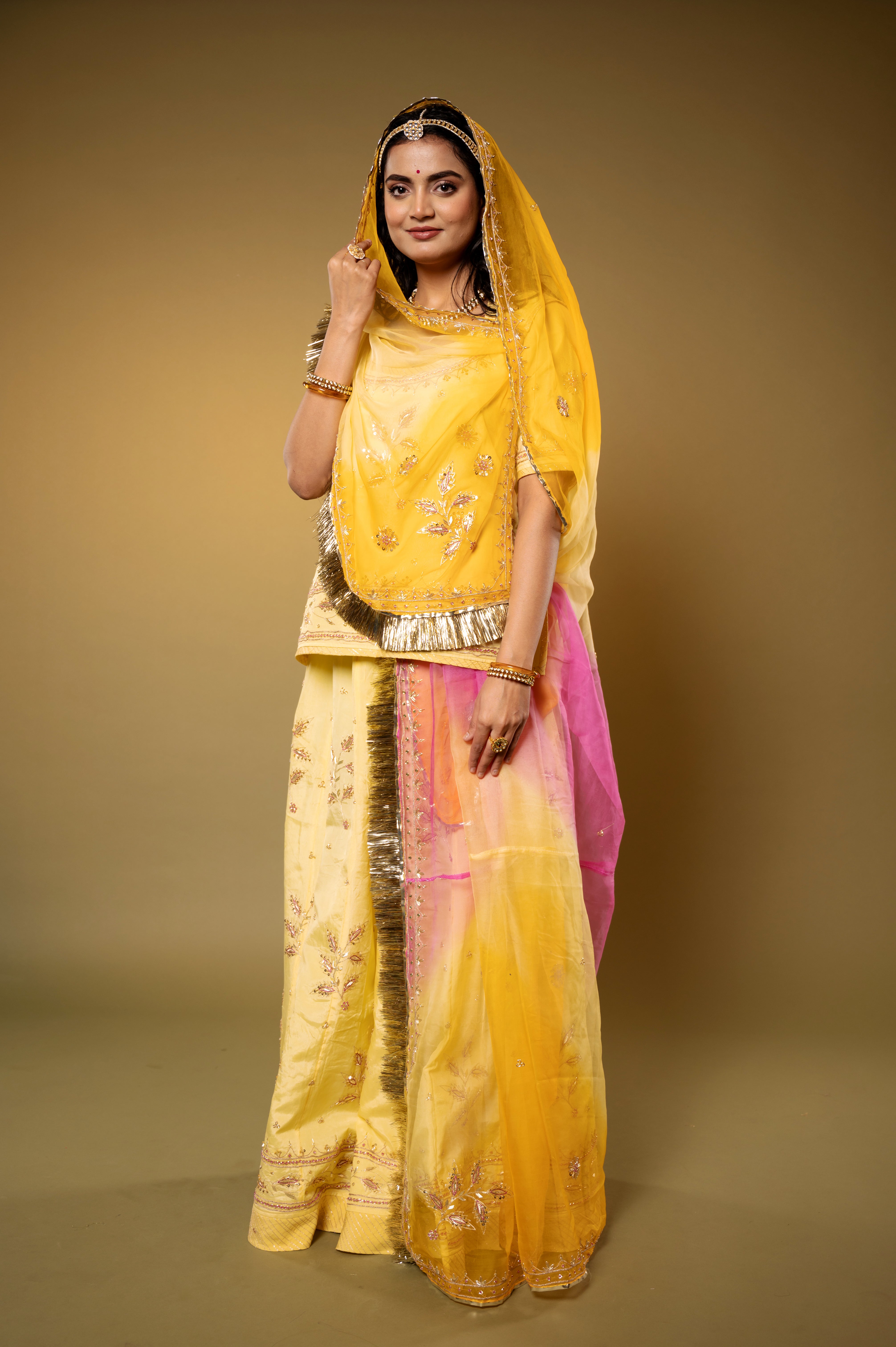lemon yellow Crepe aari sequins zardozi handwork Rajputi Poshak with Pure odhna