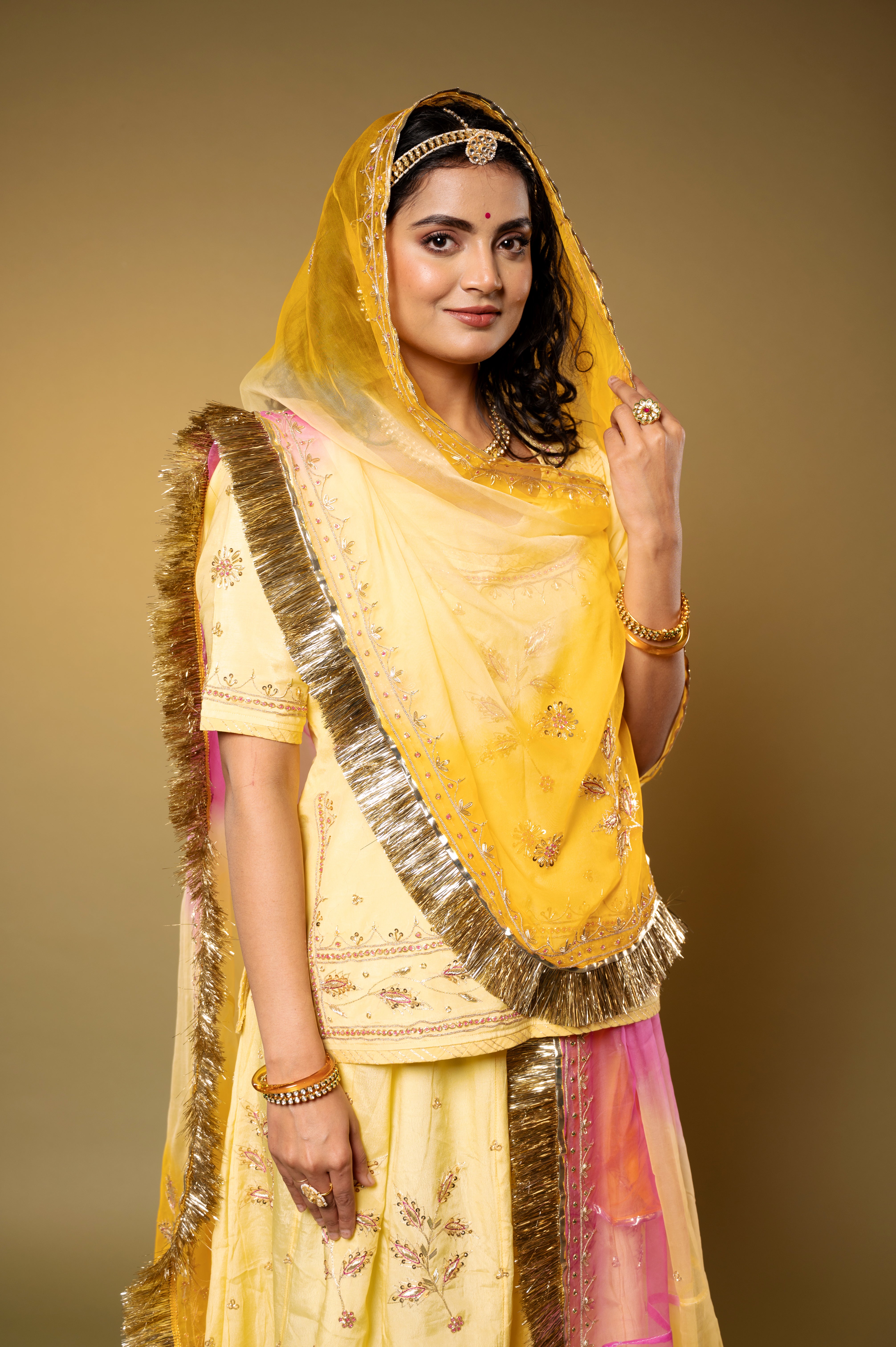 lemon yellow Crepe aari sequins zardozi handwork Rajputi Poshak with Pure odhna