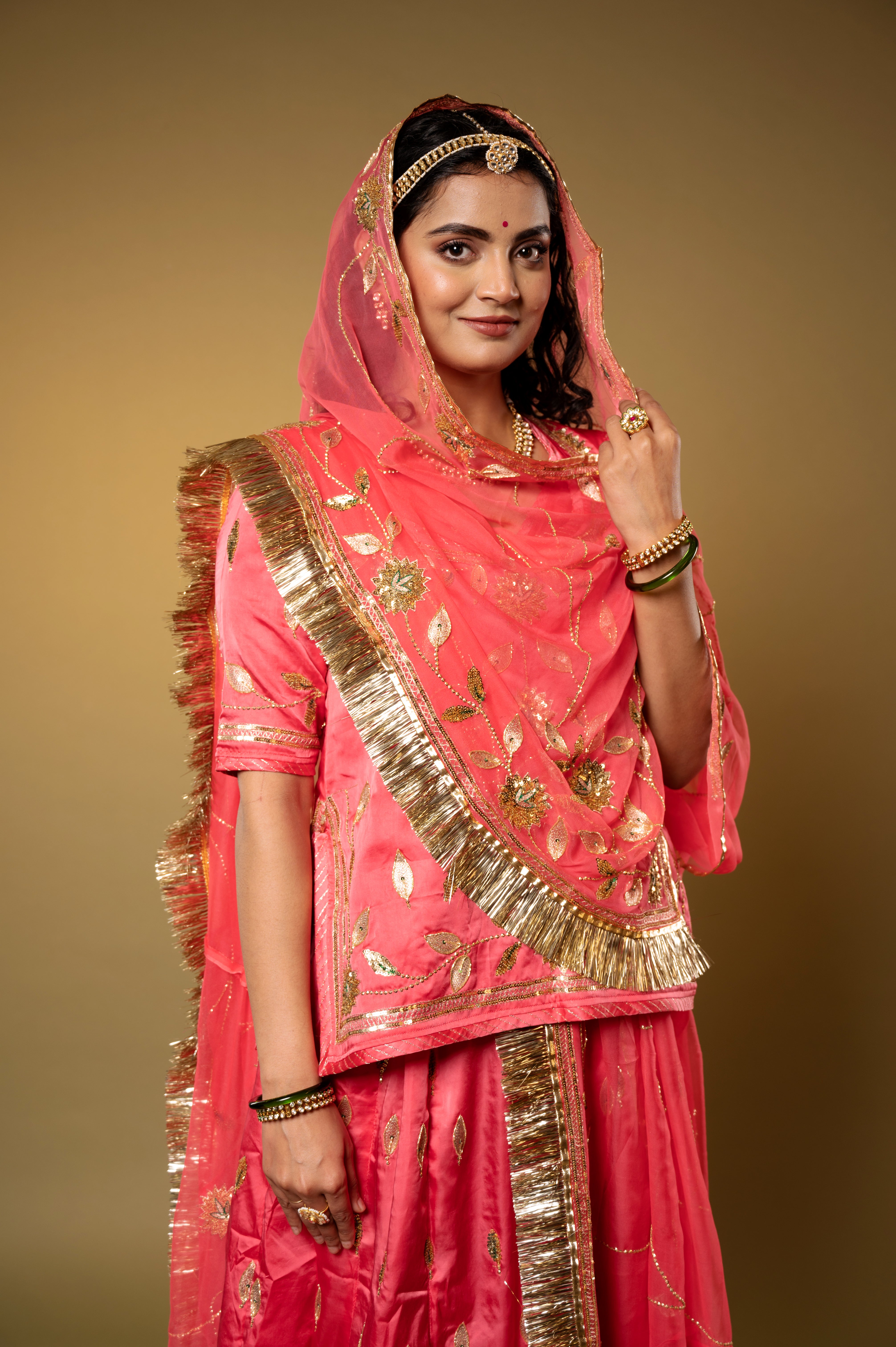 Coral bamber satin Aari Sequins handwork Rajputi Poshak with Pure odhna