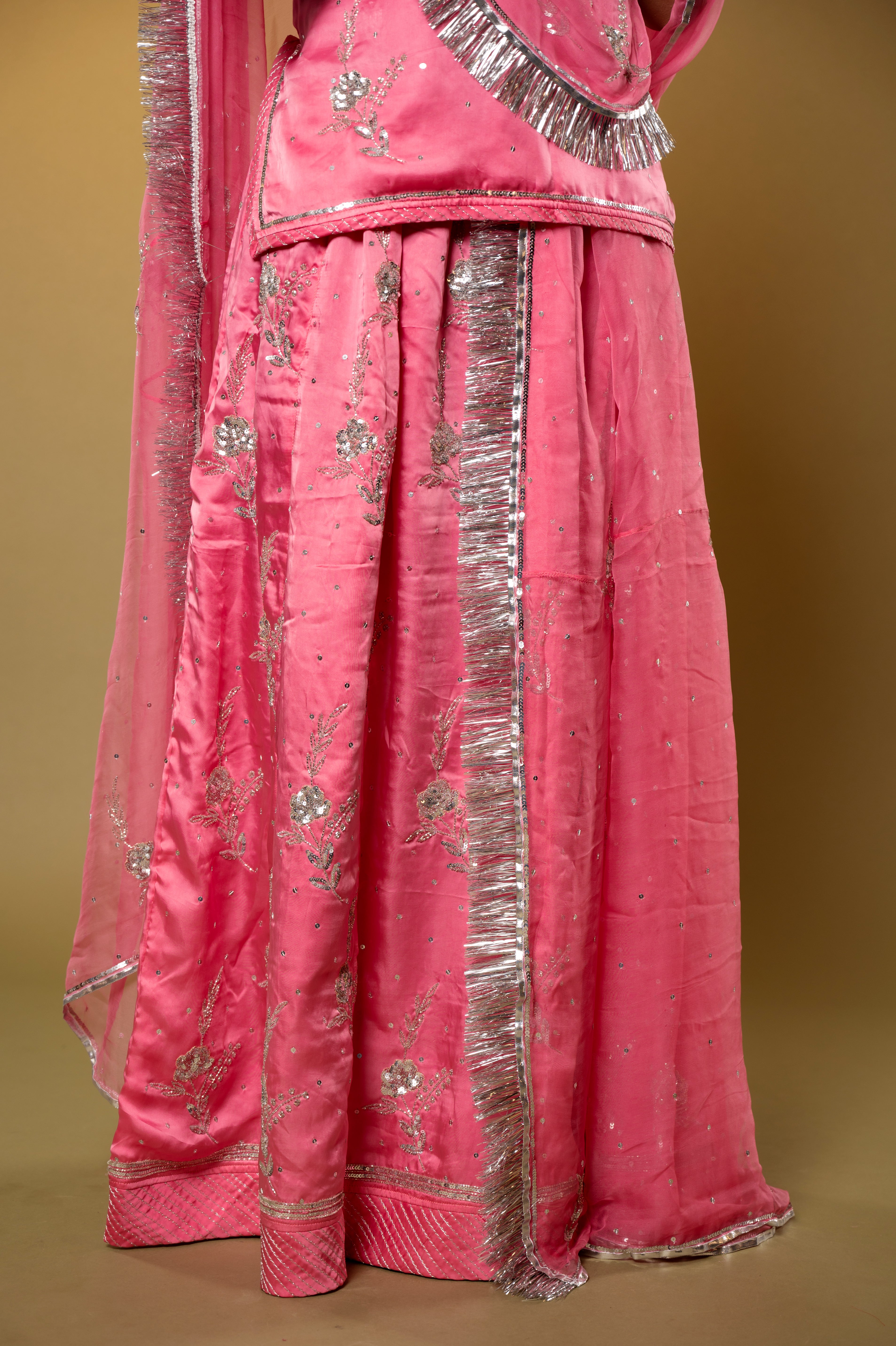 Pink bamber satin aari sequins kar dana handwork Rajputi Poshak with Pure odhna