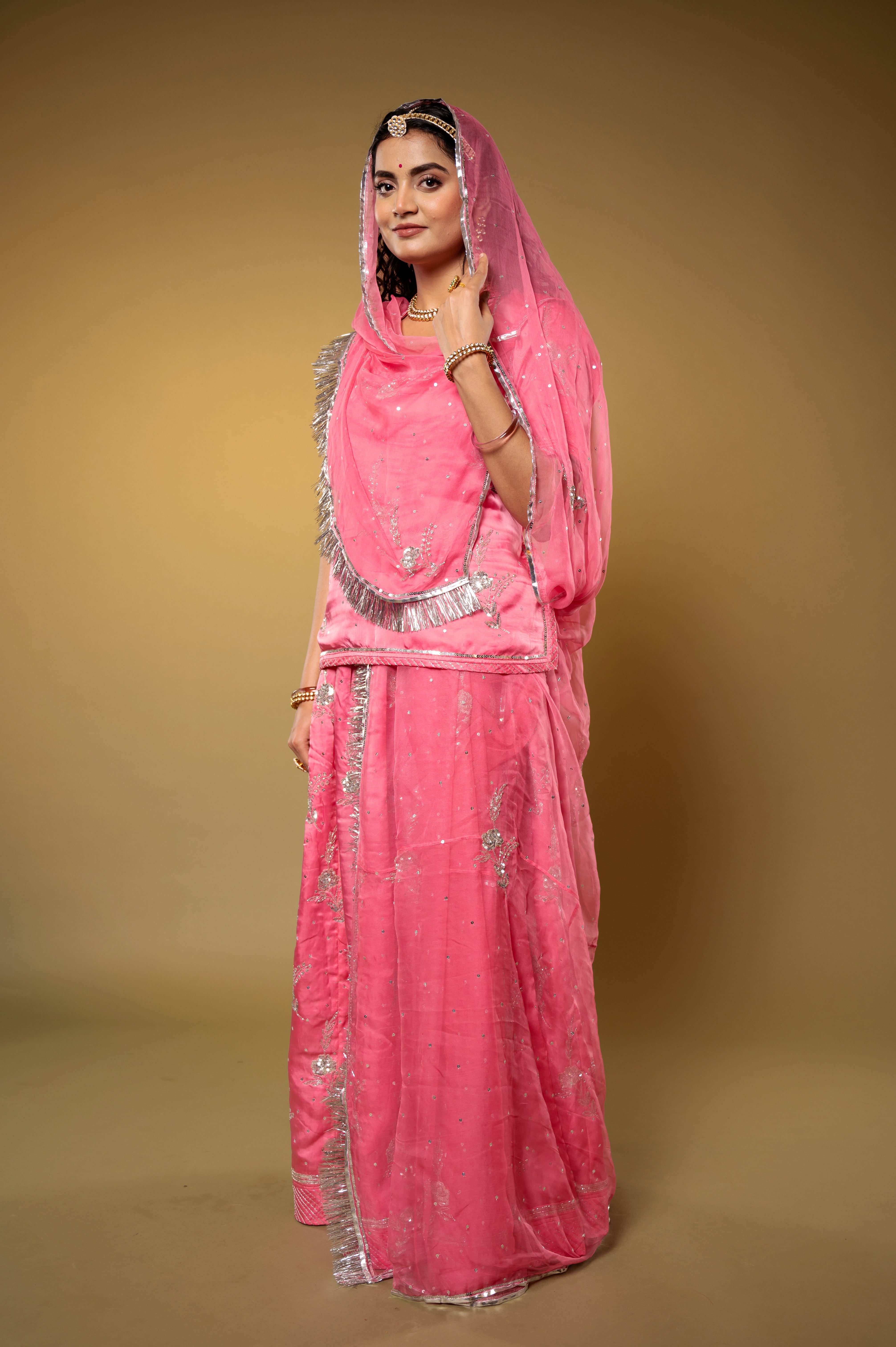 Pink bamber satin aari sequins kar dana handwork Rajputi Poshak with Pure odhna