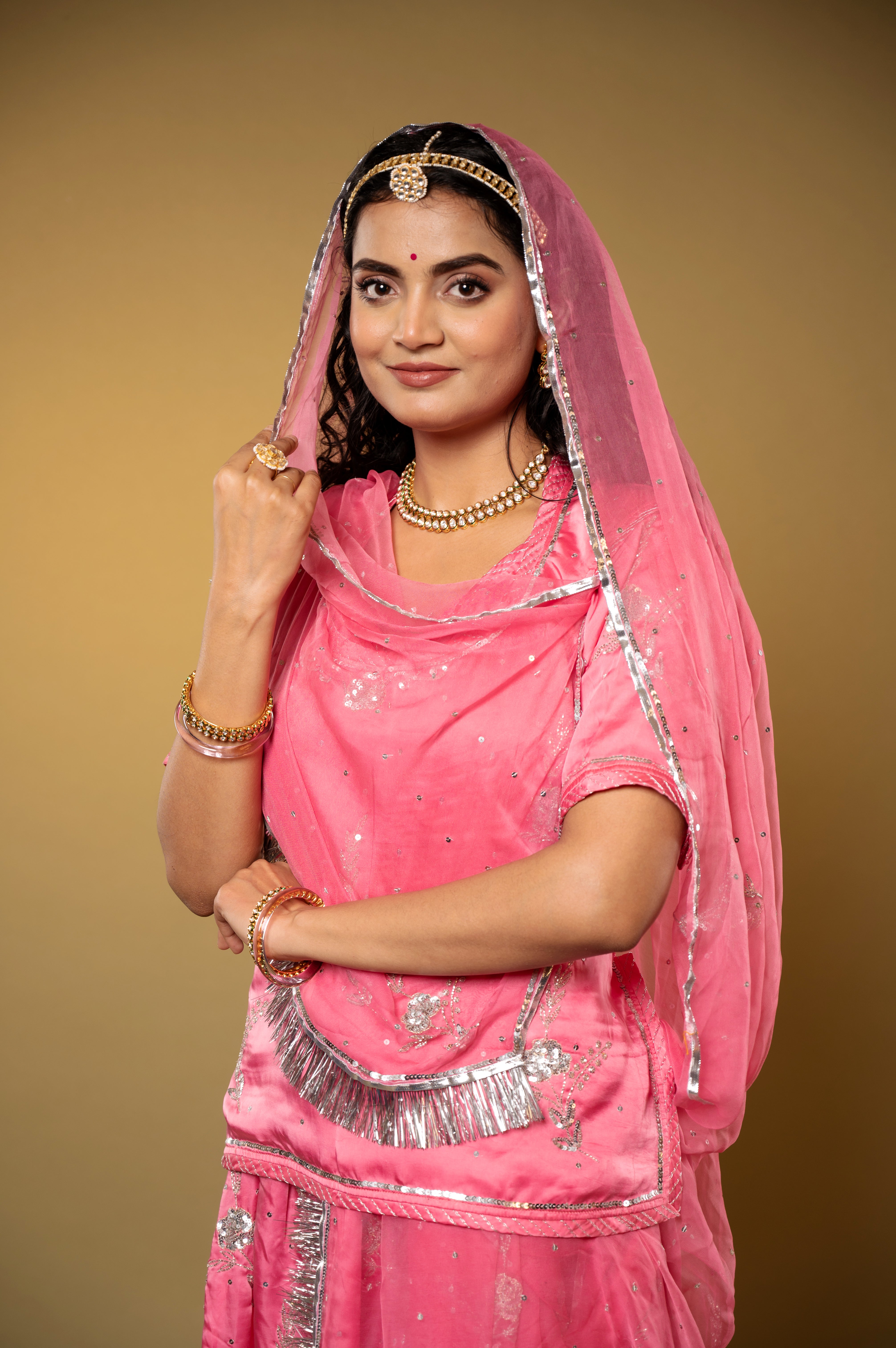 Pink bamber satin aari sequins kar dana handwork Rajputi Poshak with Pure odhna