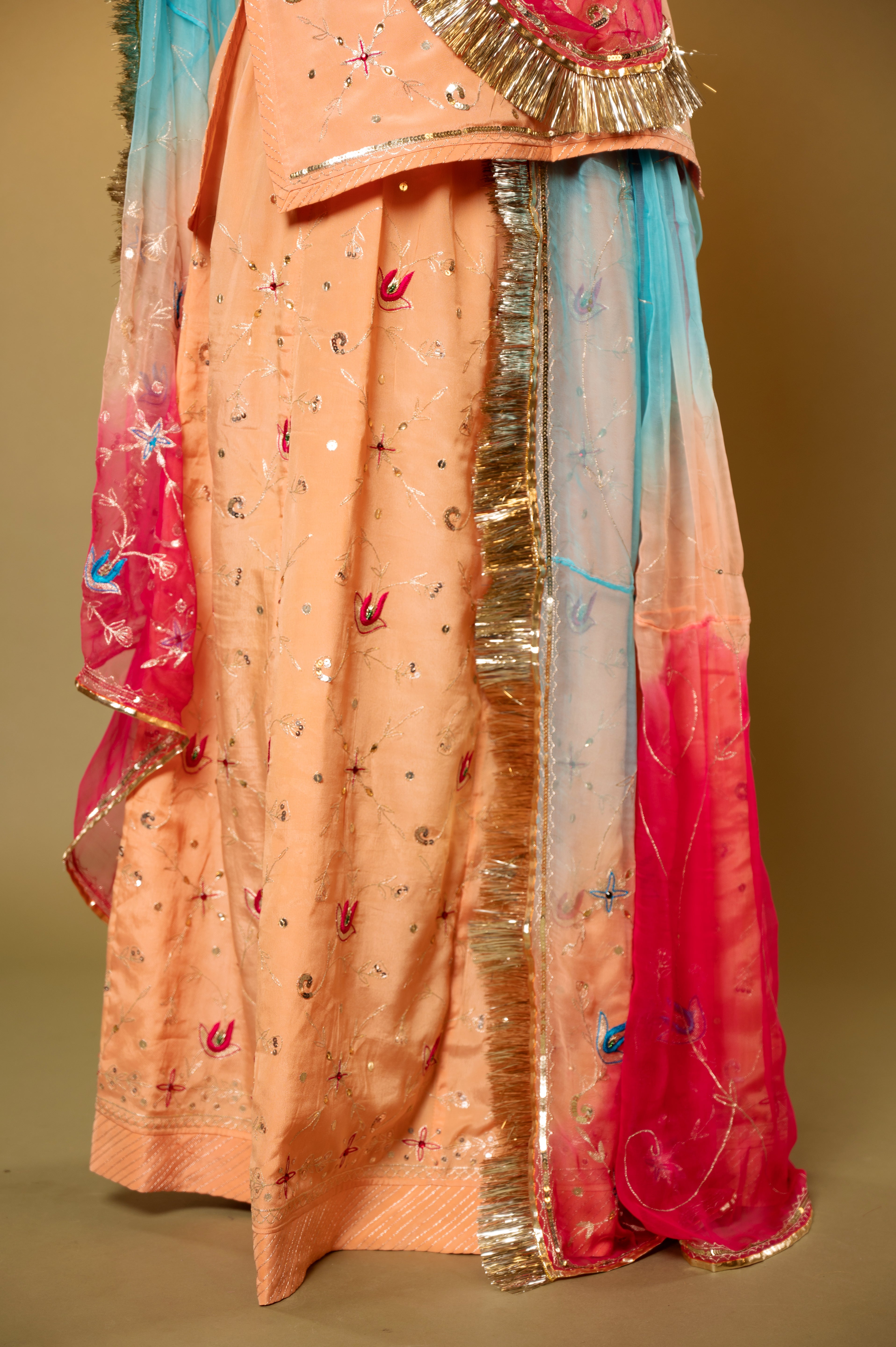 Peach Crepe aari sequins handwork Rajputi Poshak with Pure odhna