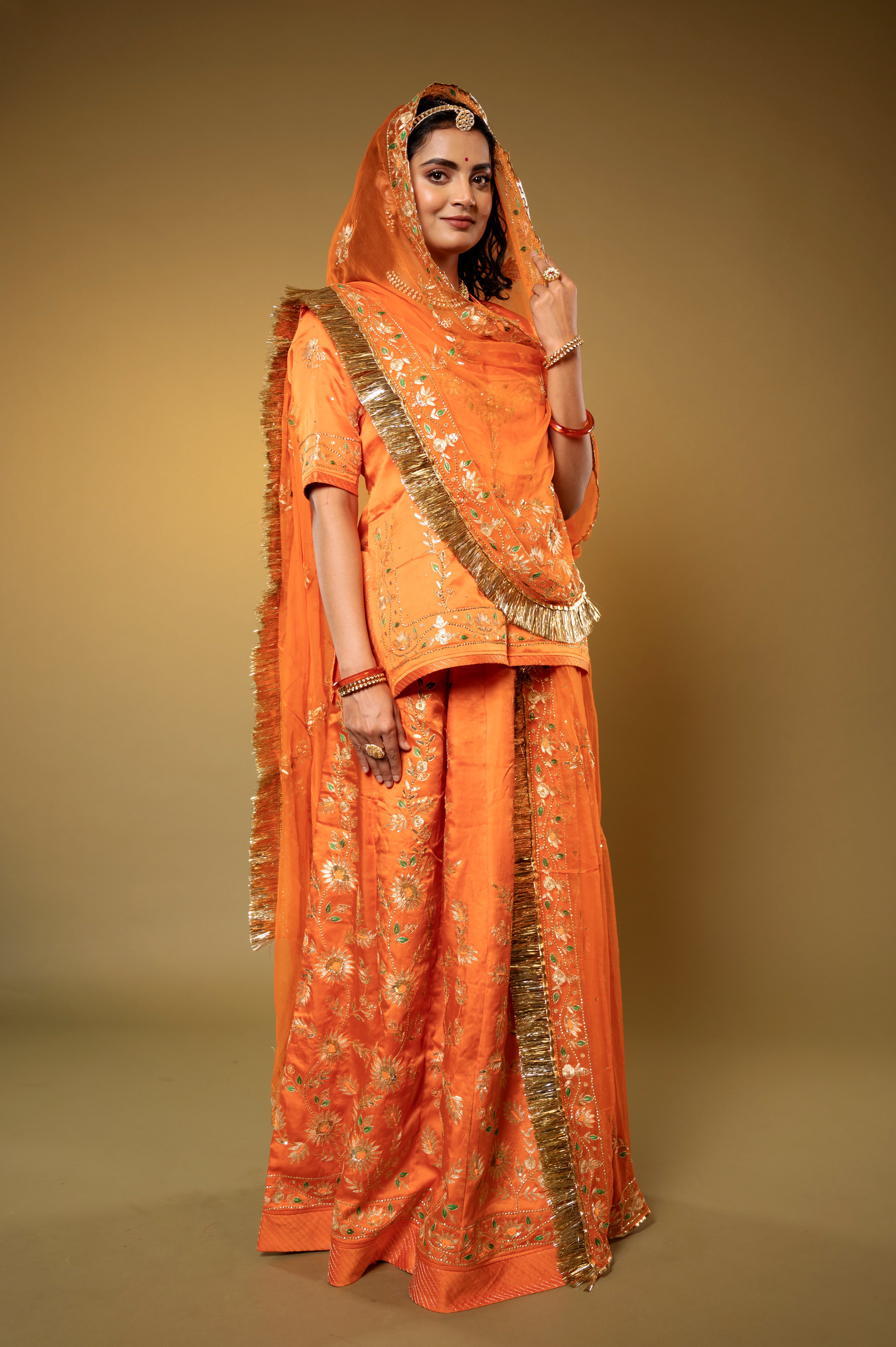 Rust Orange Bamber Satin Aari Sequins handwork Rajputi Poshak with Pure odhna