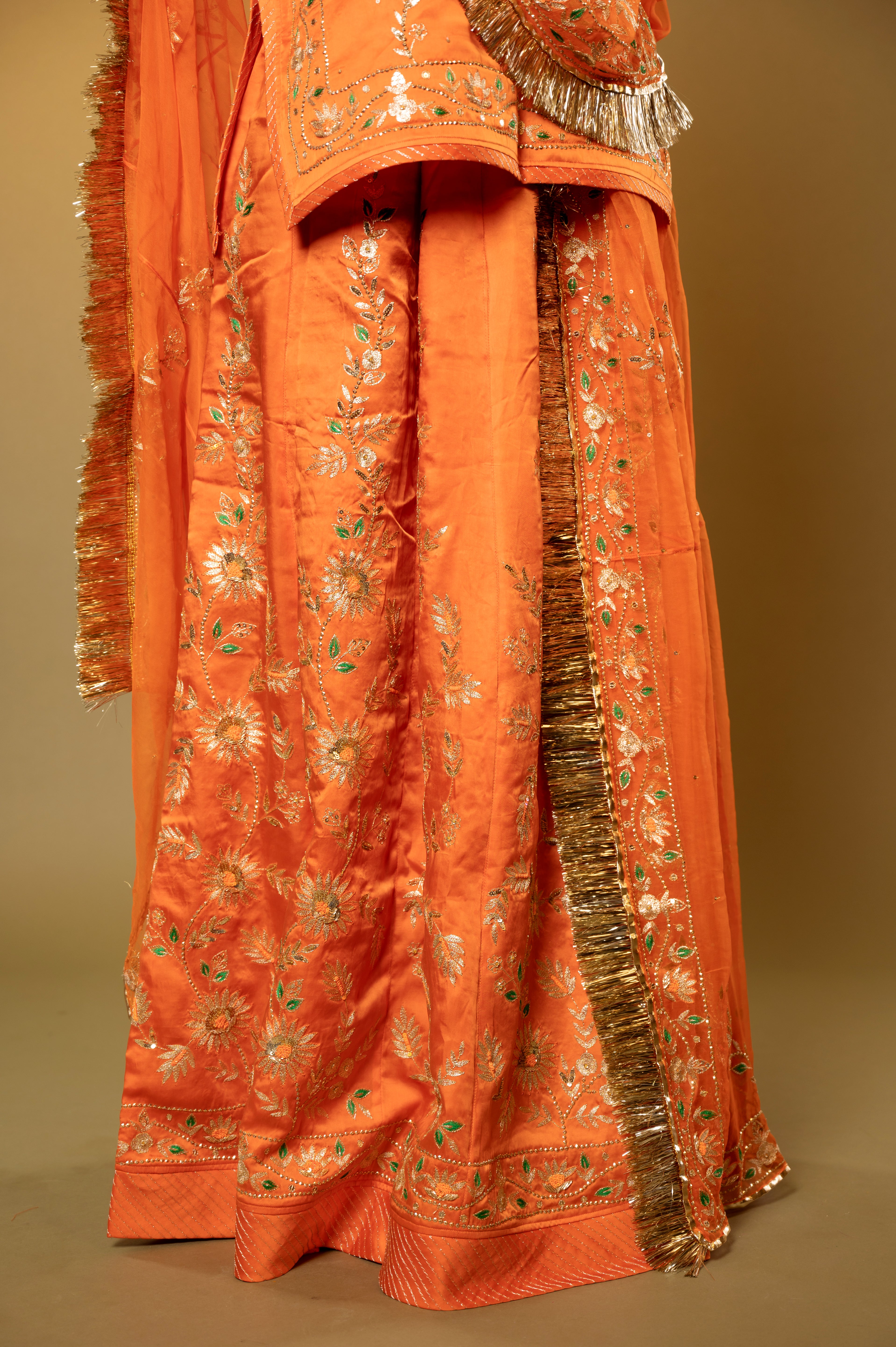 Rust Orange Bamber Satin Aari Sequins handwork Rajputi Poshak with Pure odhna