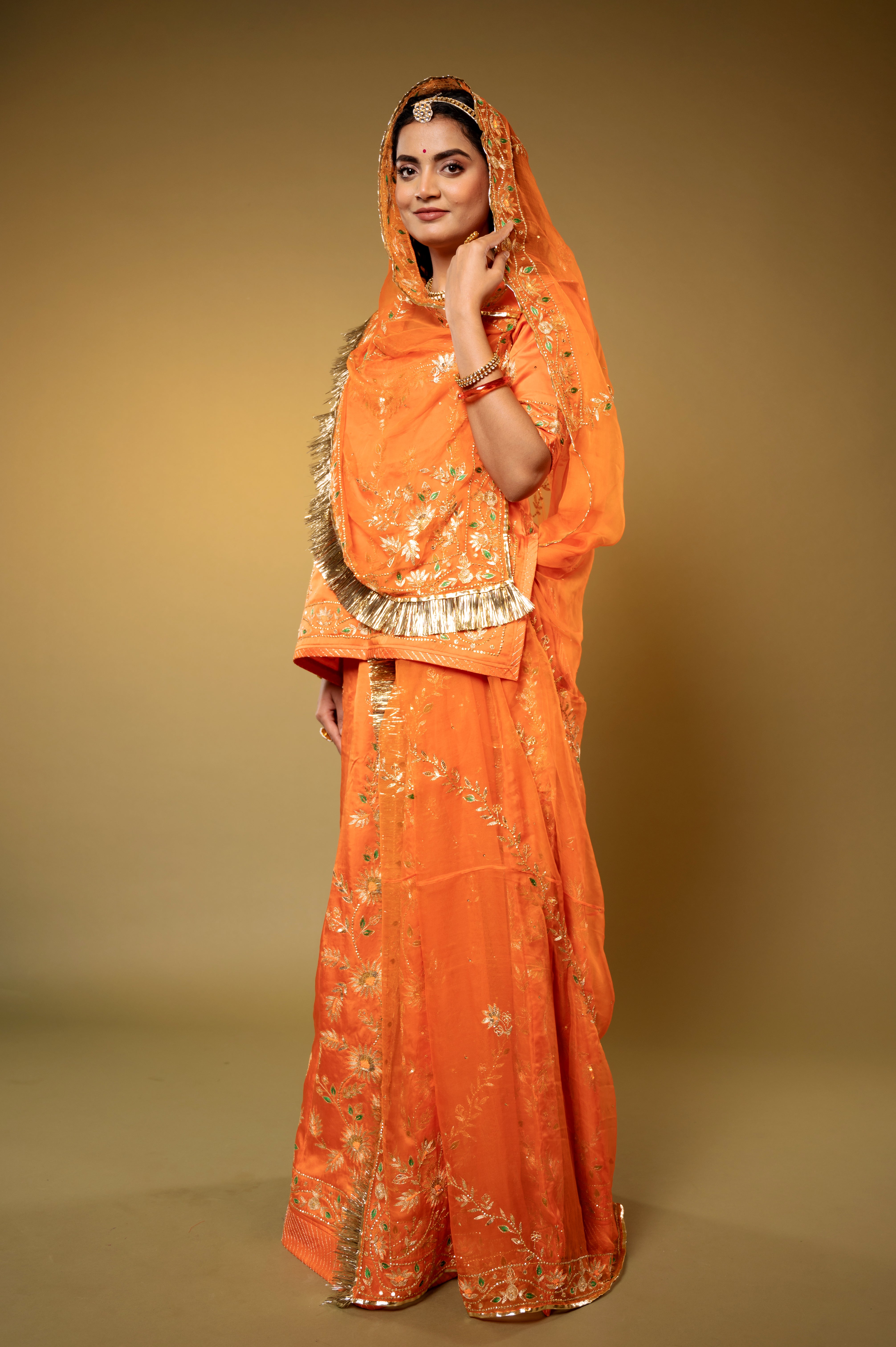 Rust Orange Bamber Satin Aari Sequins handwork Rajputi Poshak with Pure odhna