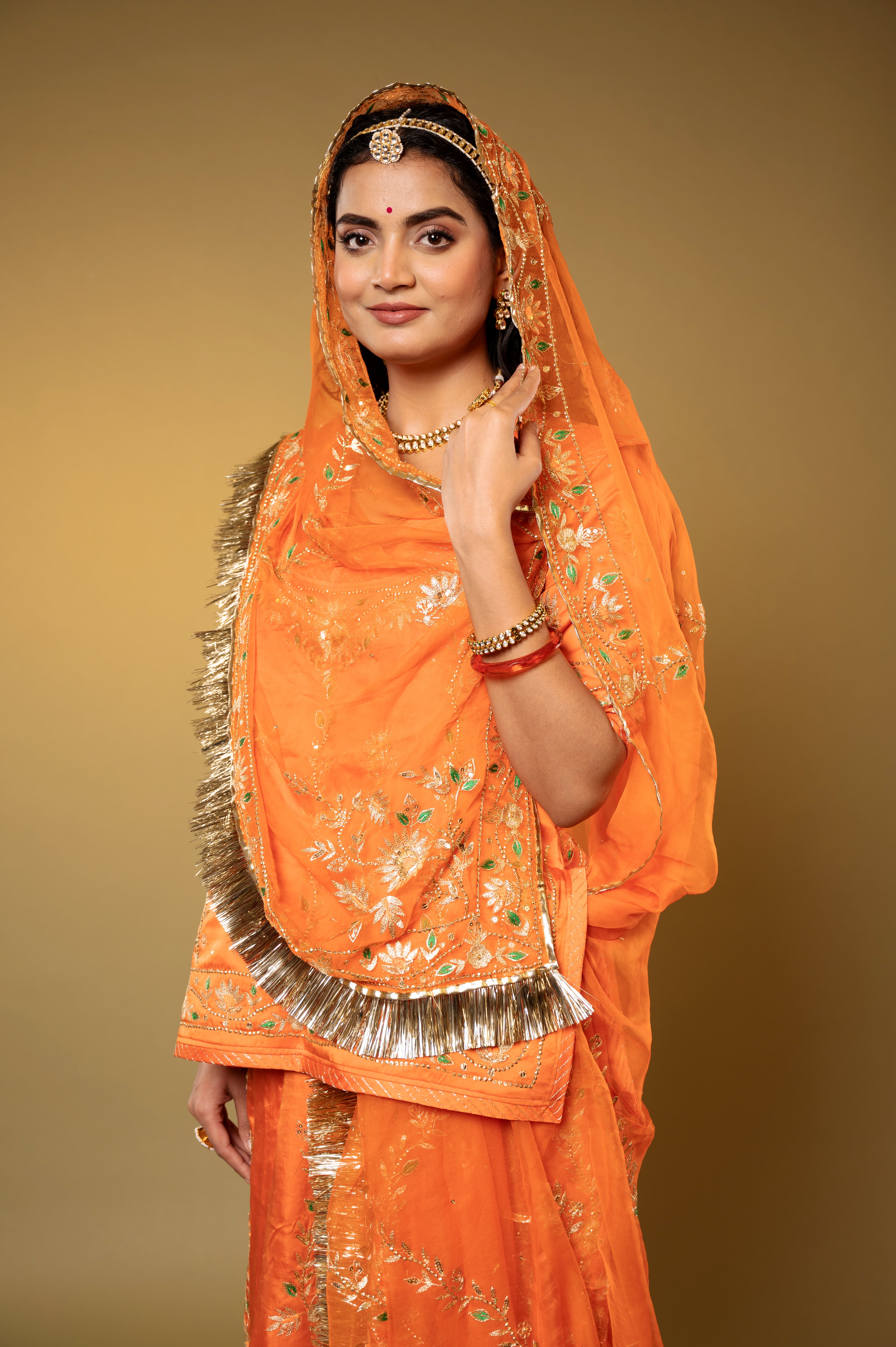 Rust Orange Bamber Satin Aari Sequins handwork Rajputi Poshak with Pure odhna