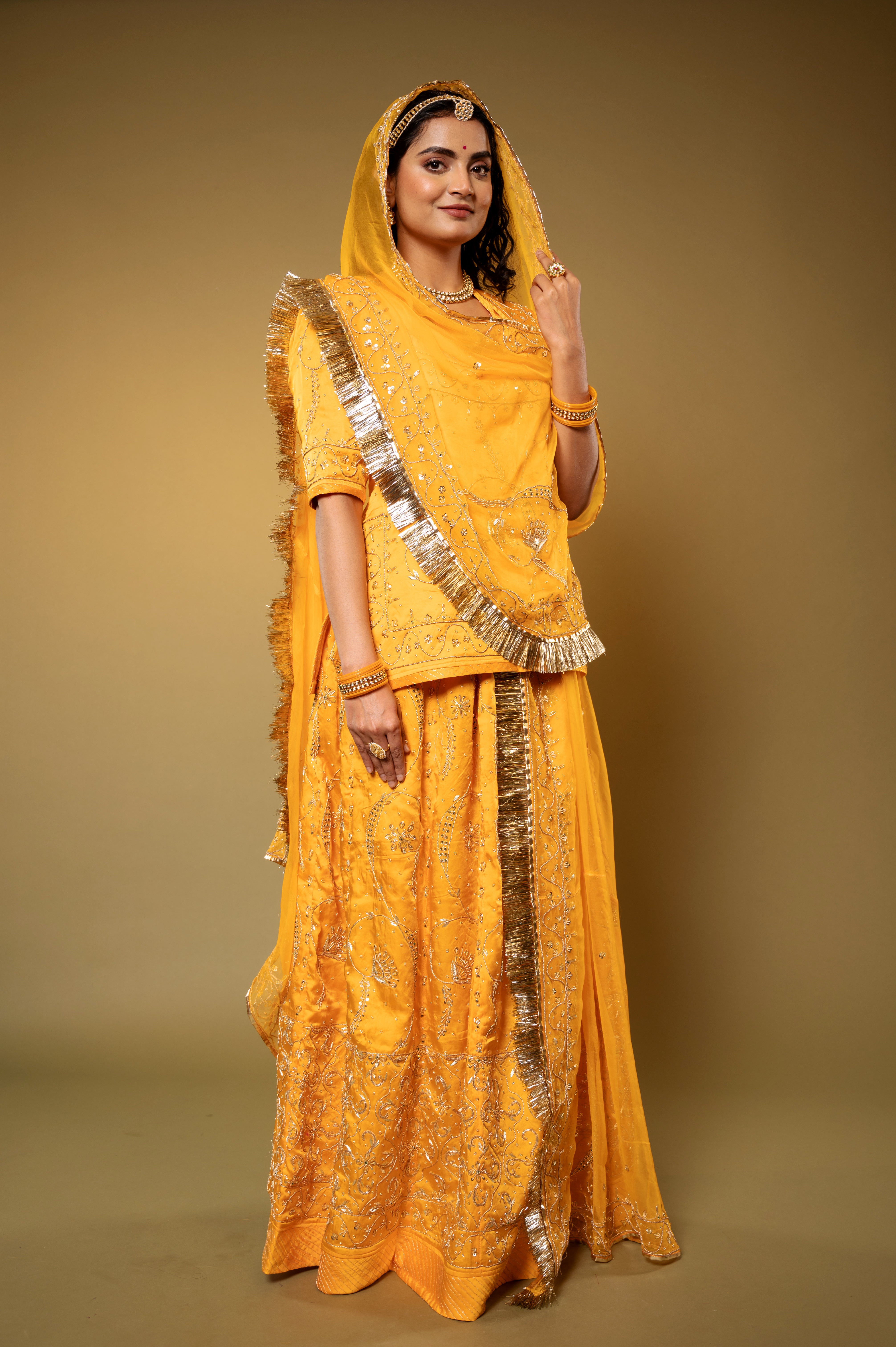 Yellow Bamber Satin Zardozi handwork Rajputi Poshak with Pure odhna